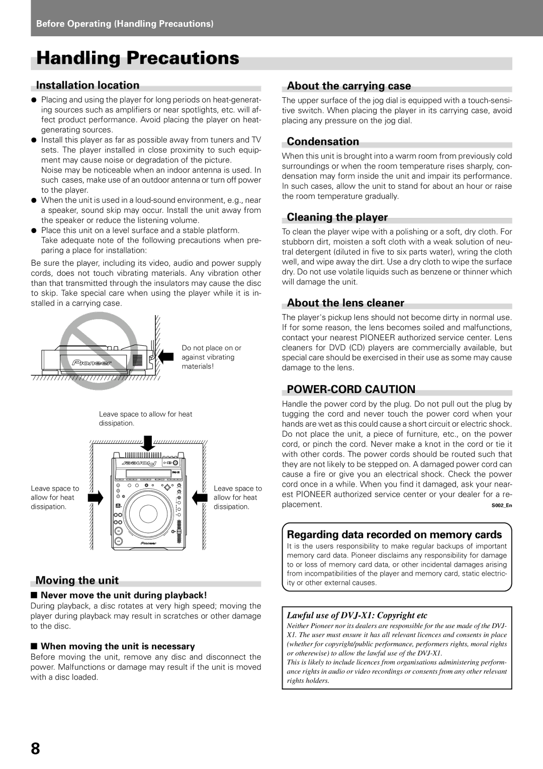 Pioneer DVJ-X1, DVD PLAYER operating instructions Handling Precautions 