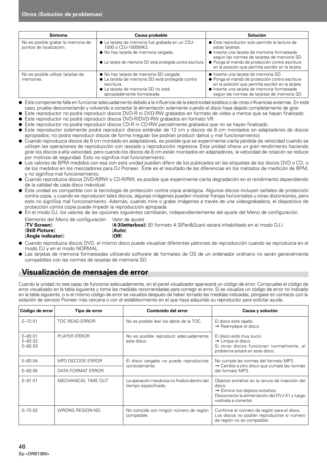 Pioneer DVJ-X1 operating instructions Visualización de mensajes de error, TV Screen, Still Picture Auto Angle indicator Off 