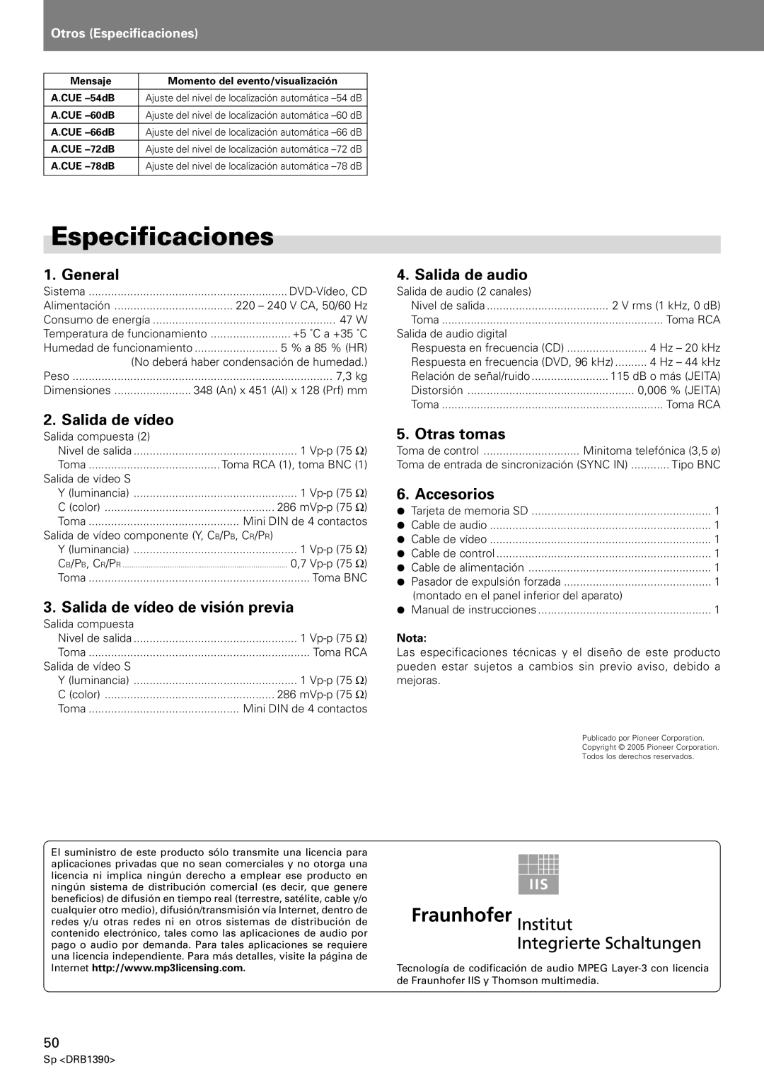 Pioneer DVJ-X1 operating instructions Especificaciones 