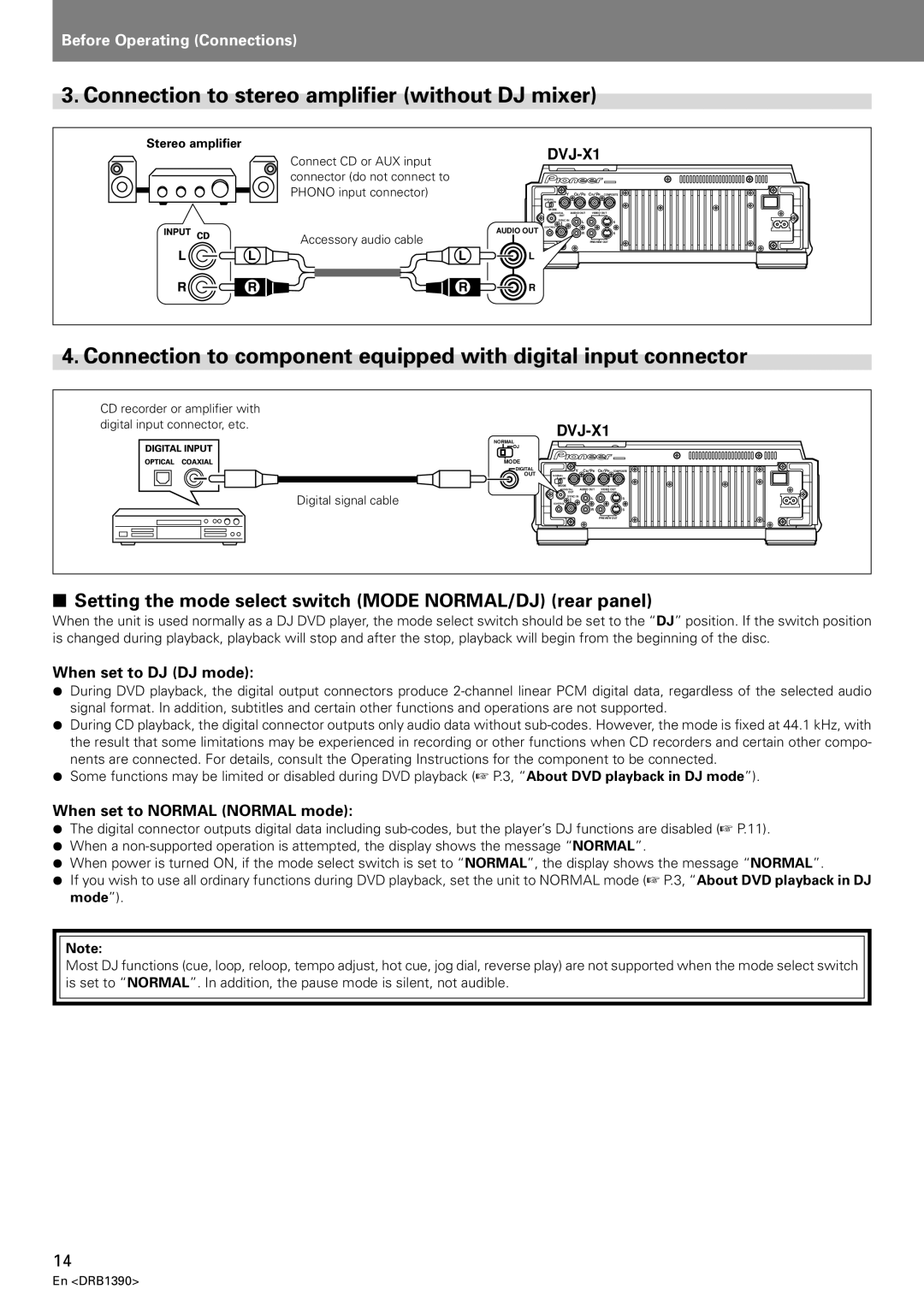 Pioneer DVJ-X1 Connection to stereo amplifier without DJ mixer, Setting the mode select switch Mode NORMAL/DJ rear panel 