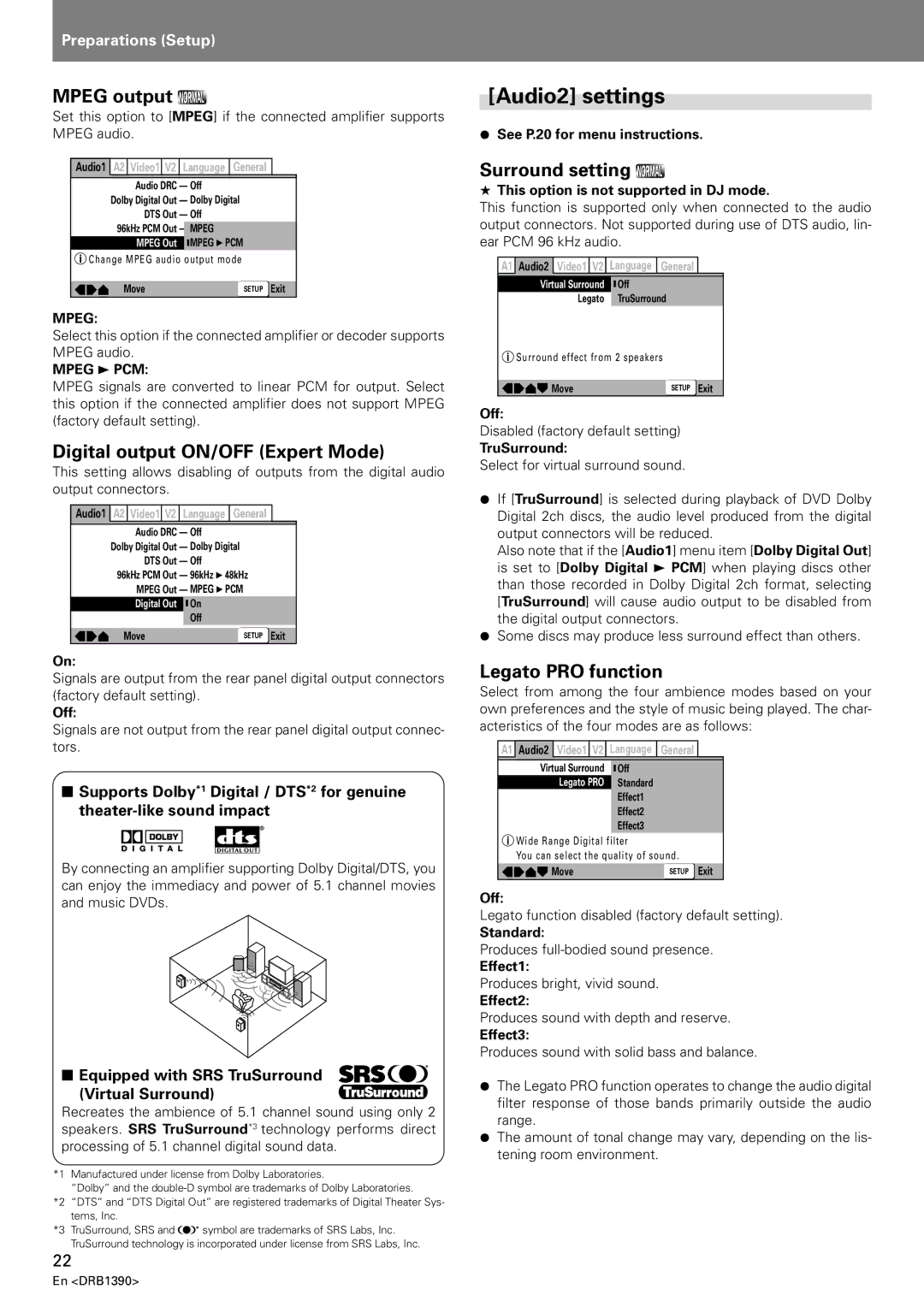 Pioneer DVJ-X1 Audio2 settings, Mpeg output, Digital output ON/OFF Expert Mode, Surround setting, Legato PRO function 