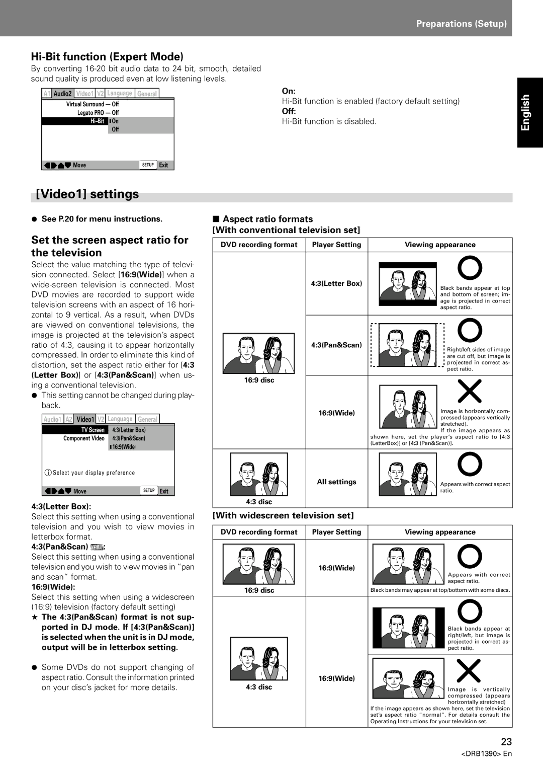 Pioneer DVJ-X1 Video1 settings, Hi-Bit function Expert Mode, Set the screen aspect ratio for the television 