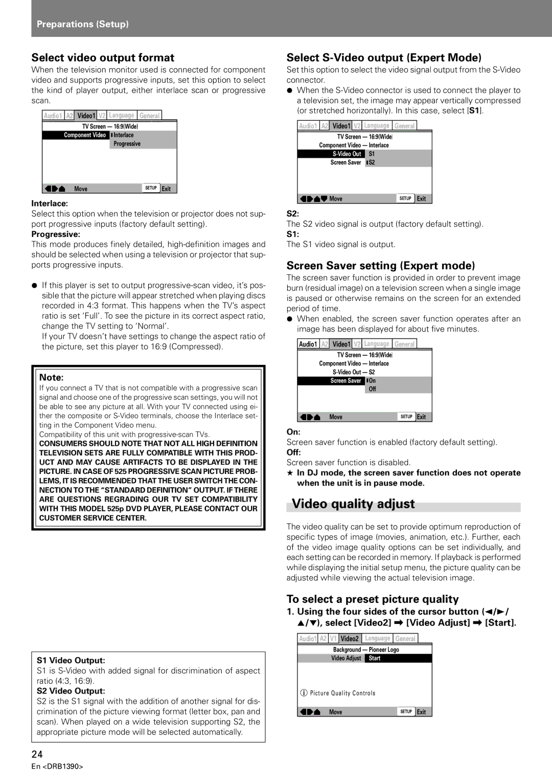 Pioneer DVJ-X1 operating instructions Video quality adjust, Select video output format, Select S-Video output Expert Mode 