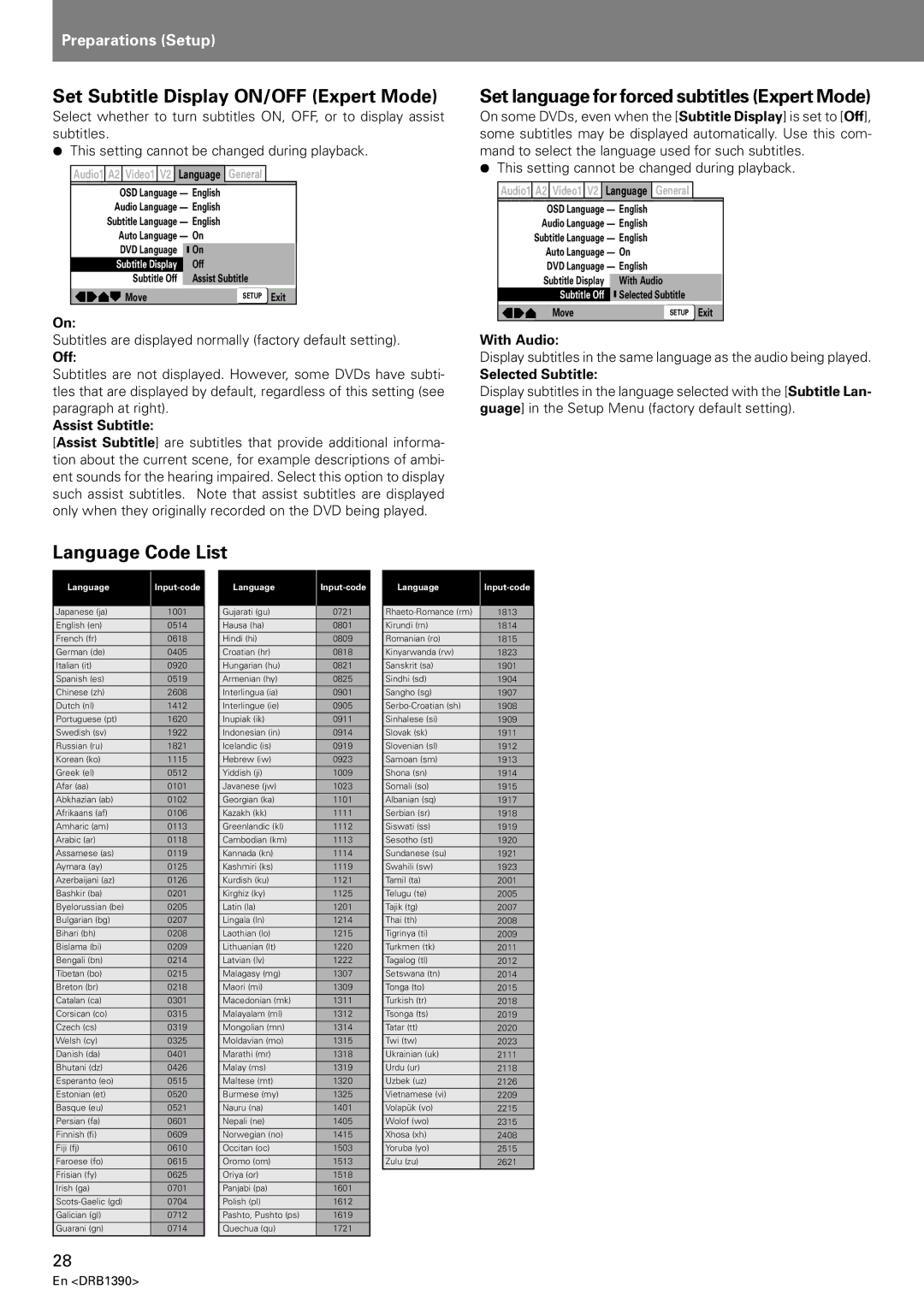 Pioneer DVJ-X1 Set Subtitle Display ON/OFF Expert Mode, Set language for forced subtitles Expert Mode, Language Code List 