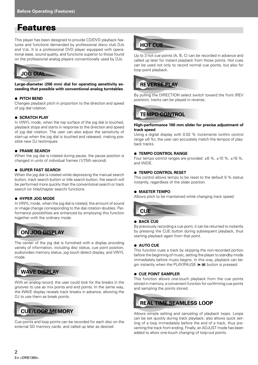 Pioneer DVJ-X1 operating instructions Features, Allows pitch to be maintained while changing track speed, En DRB1390 