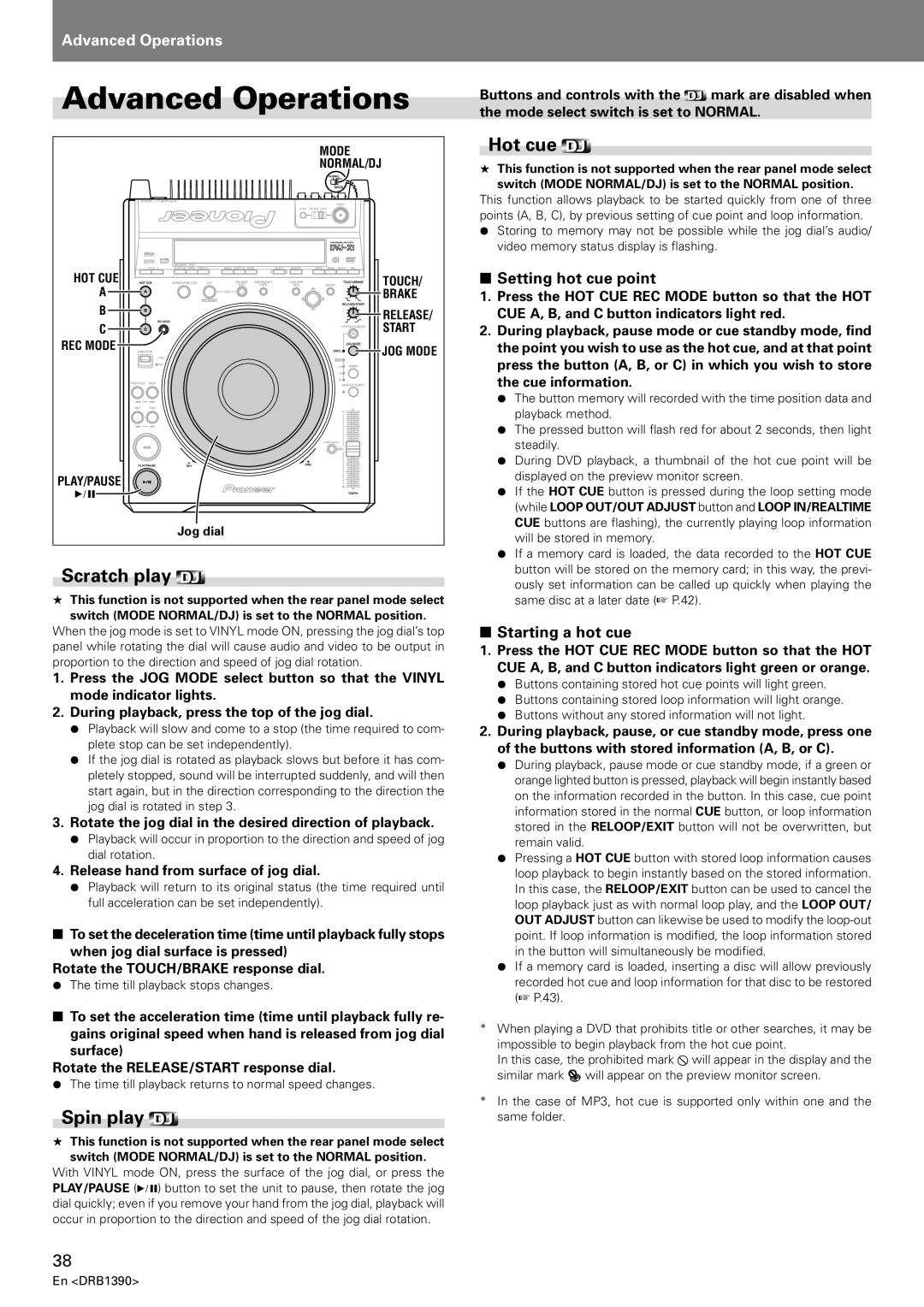 Pioneer DVJ-X1 operating instructions Advanced Operations, Scratch play, Hot cue, Spin play 