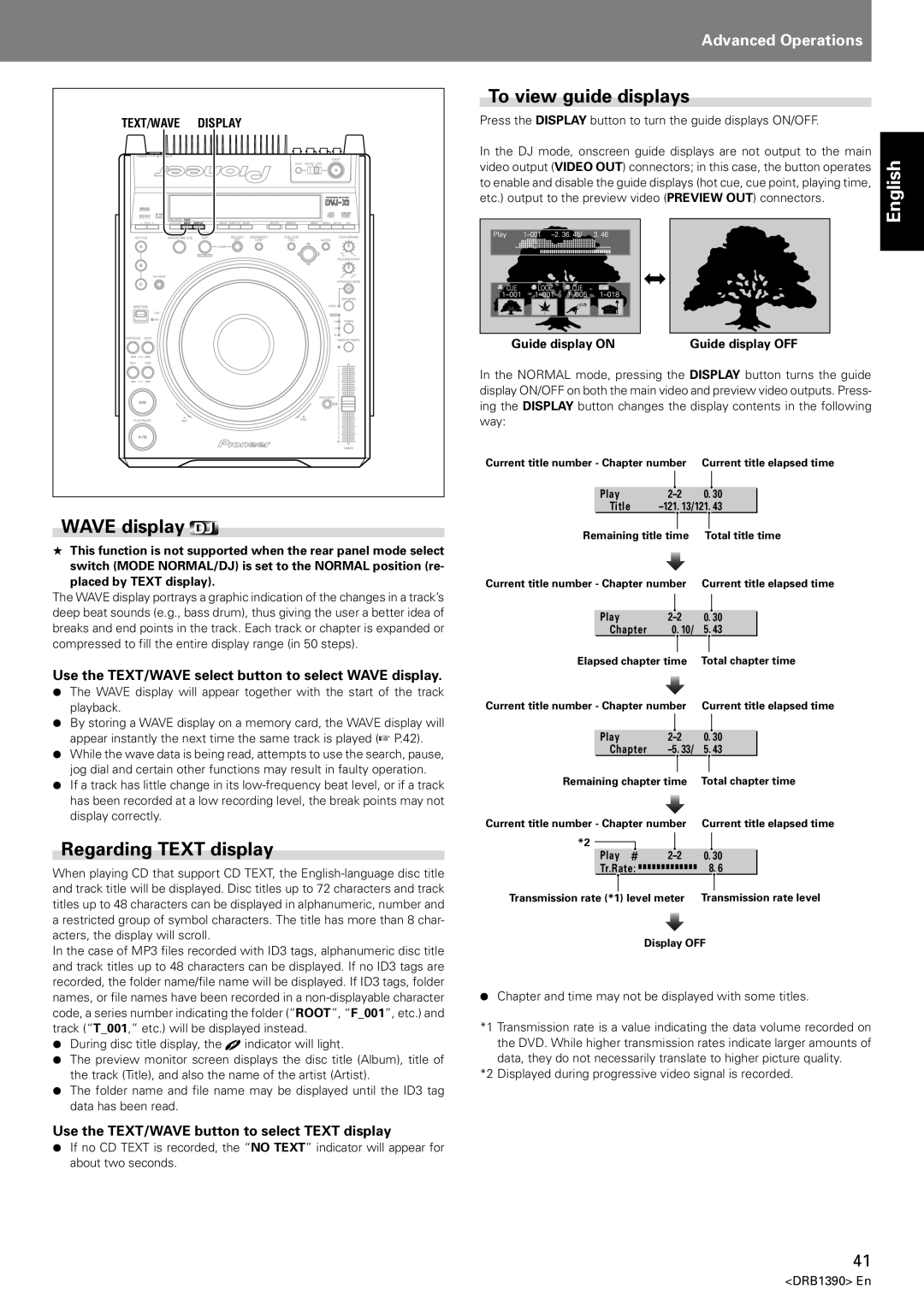 Pioneer DVJ-X1 operating instructions Wave display, Regarding Text display, To view guide displays 