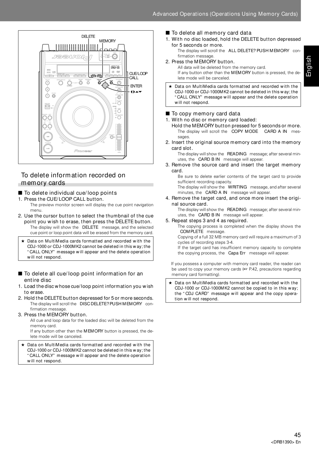 Pioneer DVJ-X1 operating instructions To delete information recorded on memory cards, To delete individual cue/loop points 