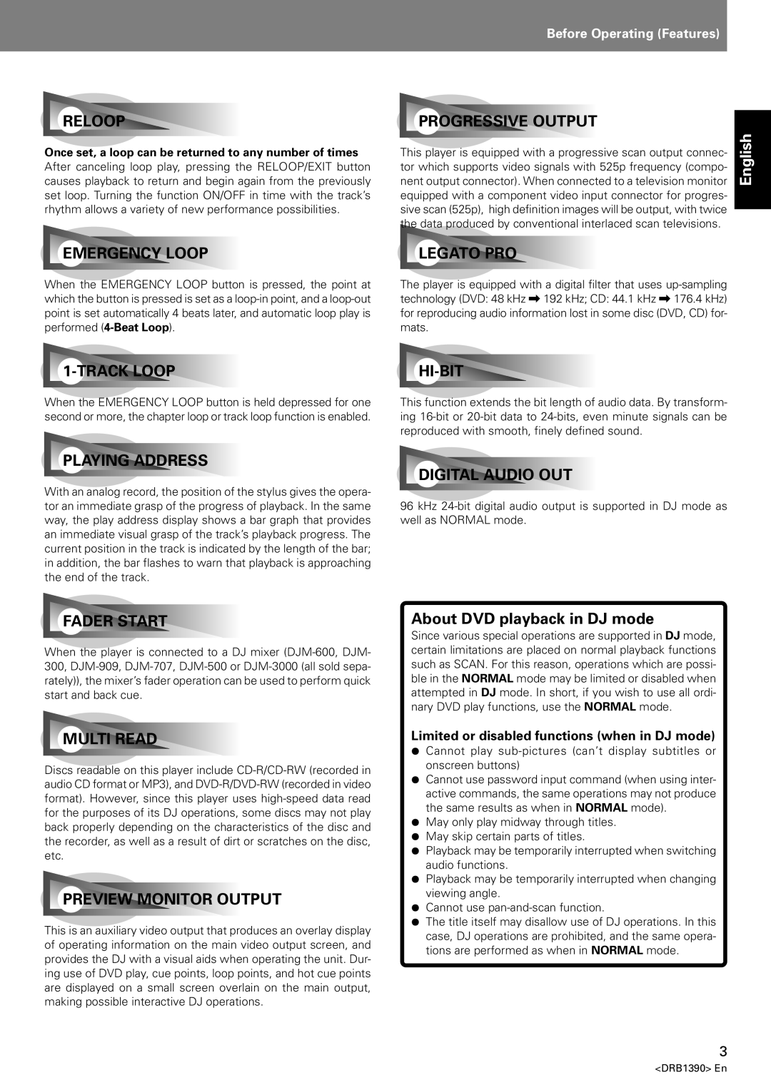 Pioneer DVJ-X1 operating instructions About DVD playback in DJ mode, Limited or disabled functions when in DJ mode 