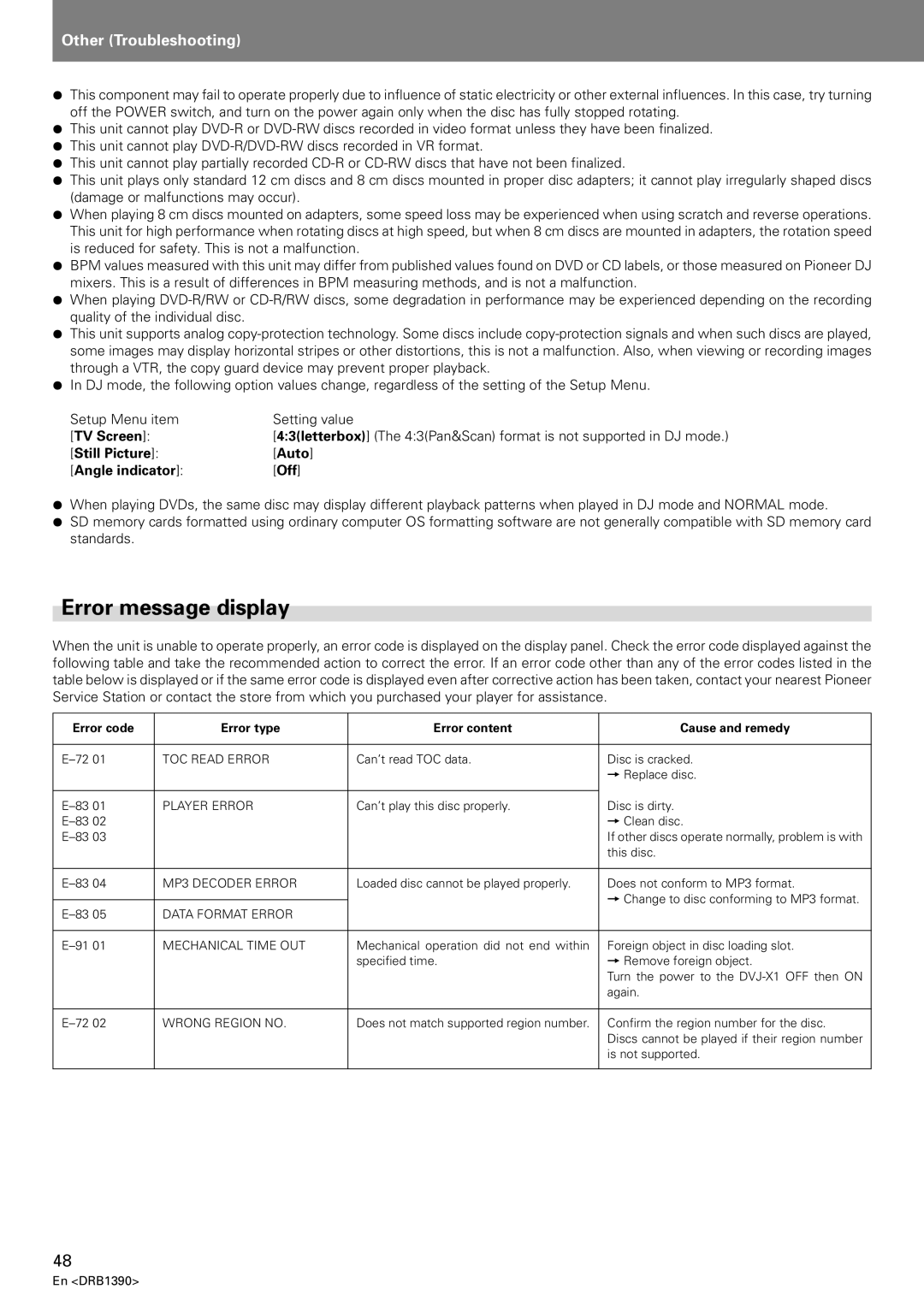 Pioneer DVJ-X1 operating instructions Error message display, Error code Error type Error content Cause and remedy 