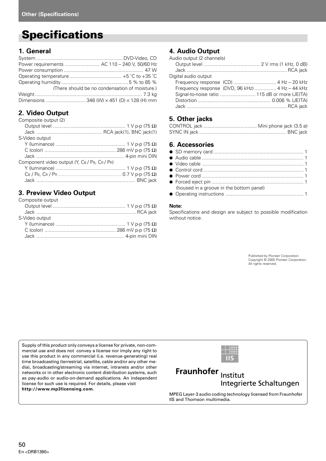 Pioneer DVJ-X1 operating instructions Specifications 