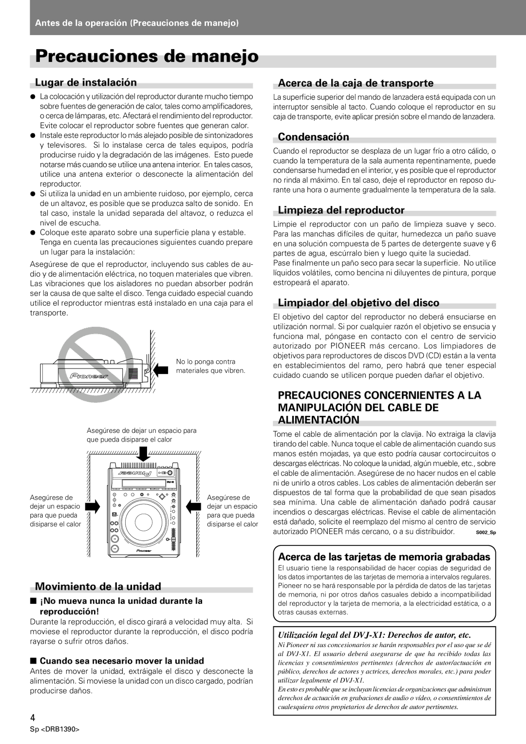 Pioneer DVJ-X1 operating instructions Precauciones de manejo 