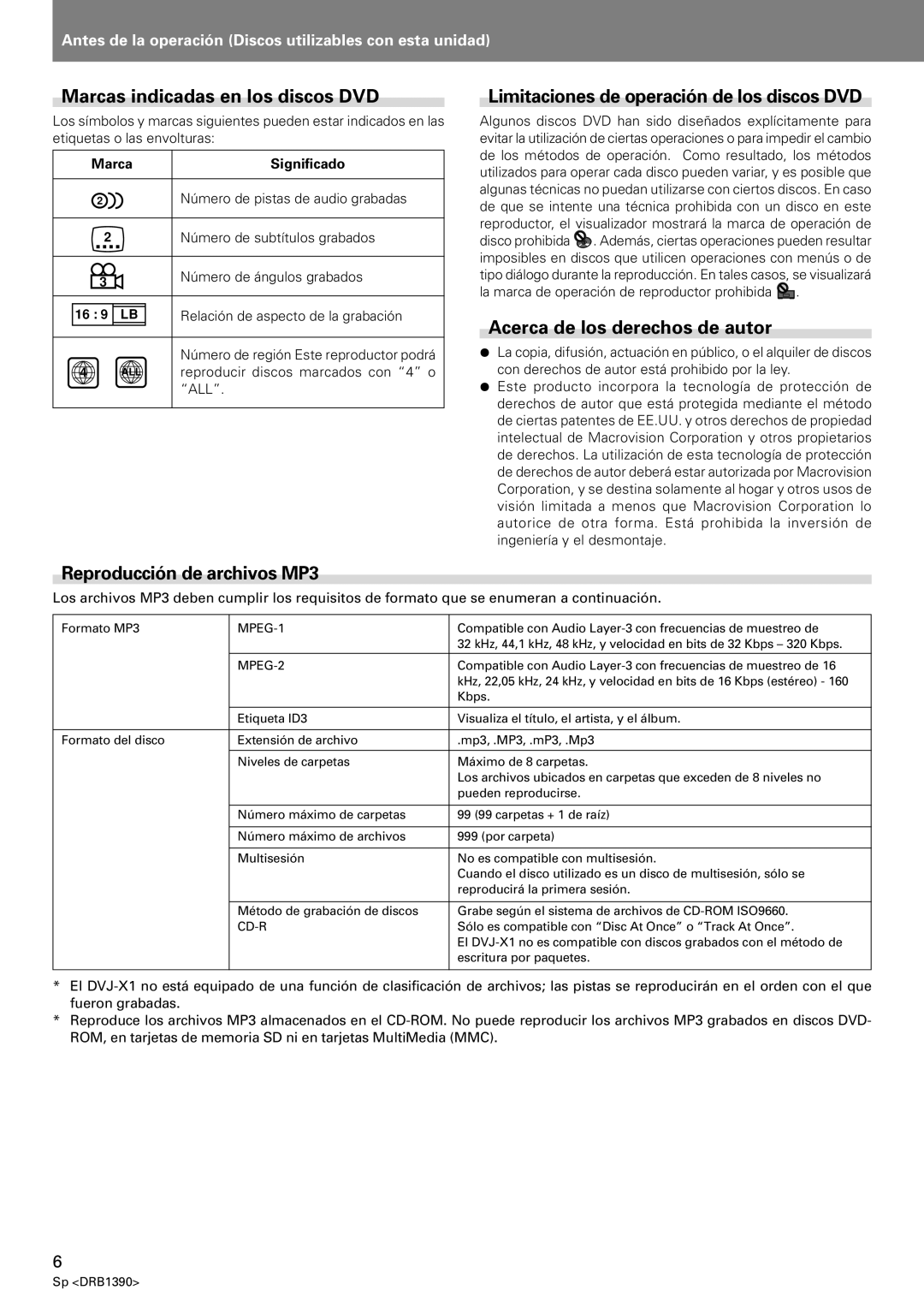 Pioneer DVJ-X1 operating instructions Marcas indicadas en los discos DVD, Limitaciones de operación de los discos DVD 