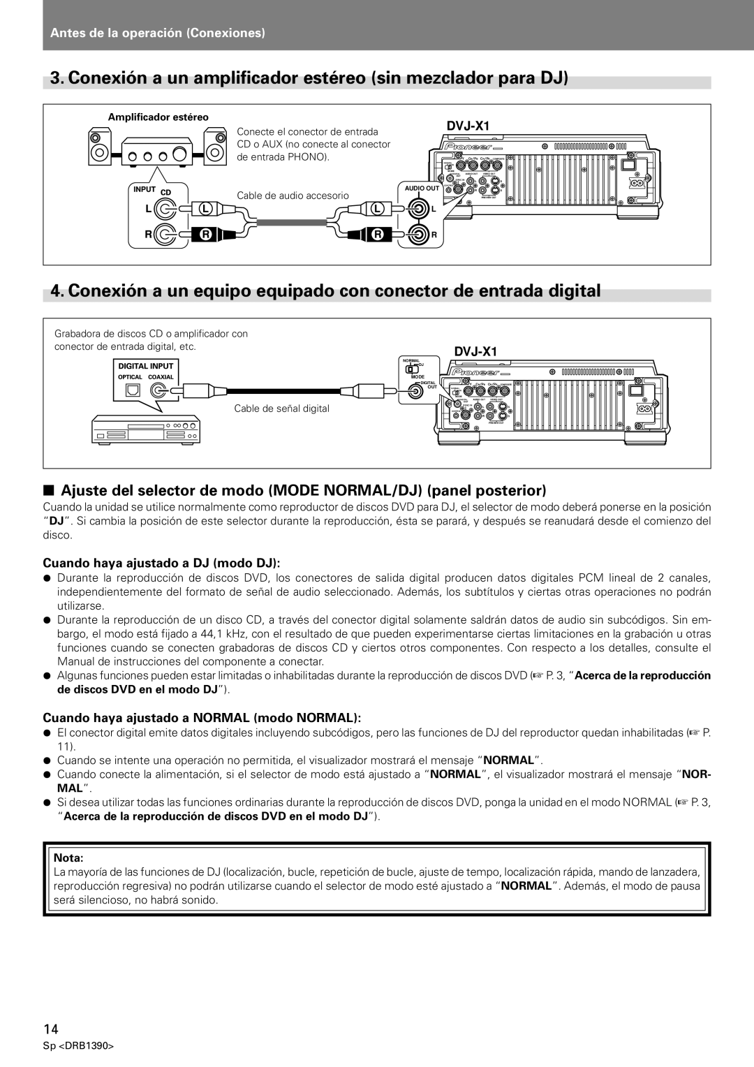 Pioneer DVJ-X1 Conexión a un amplificador estéreo sin mezclador para DJ, Cuando haya ajustado a DJ modo DJ 