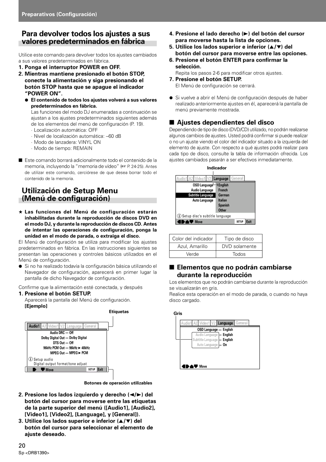 Pioneer DVJ-X1 Utilización de Setup Menu Menú de configuración, Ajustes dependientes del disco, Ejemplo 