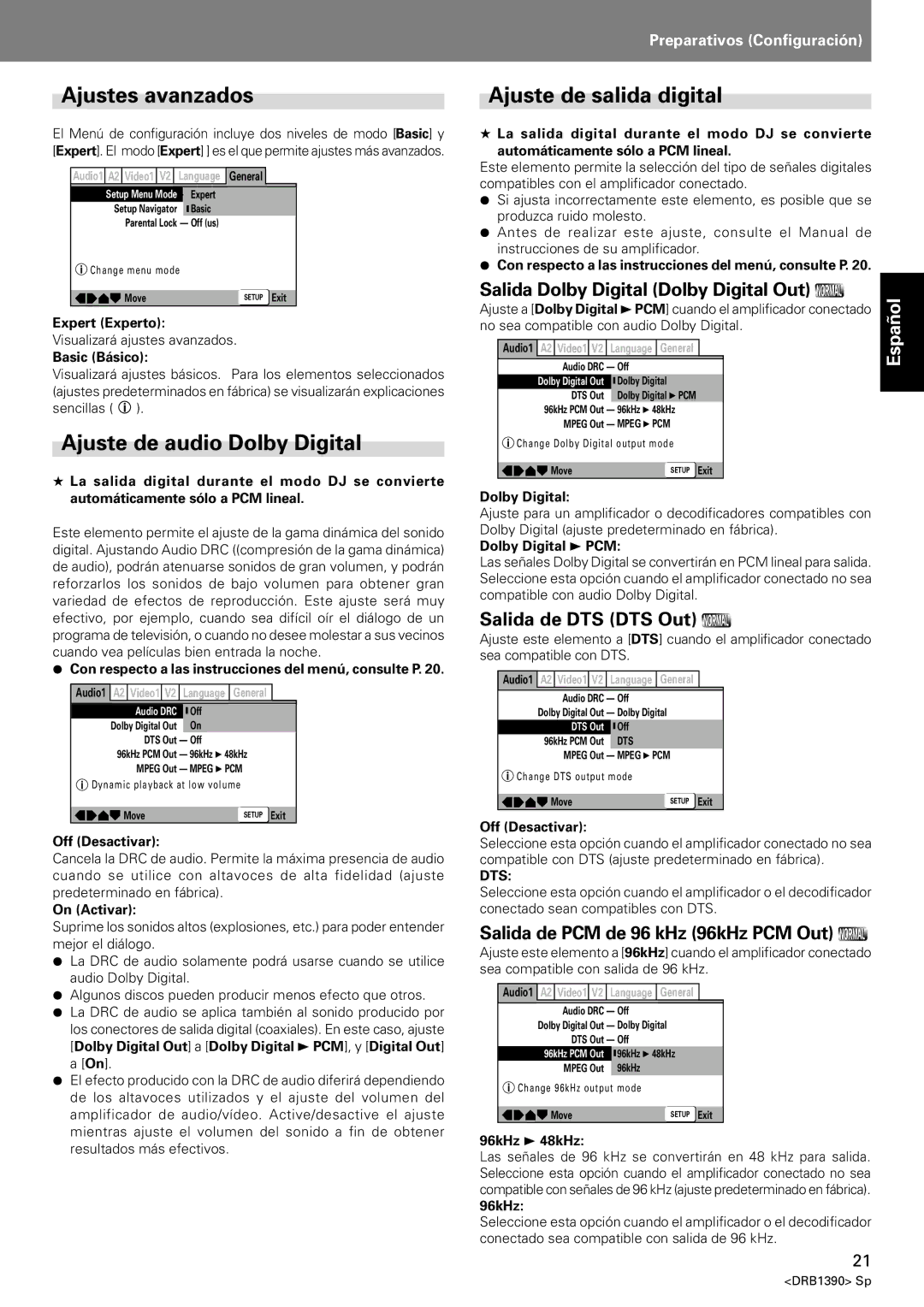 Pioneer DVJ-X1 operating instructions Ajustes avanzados, Ajuste de audio Dolby Digital, Ajuste de salida digital 