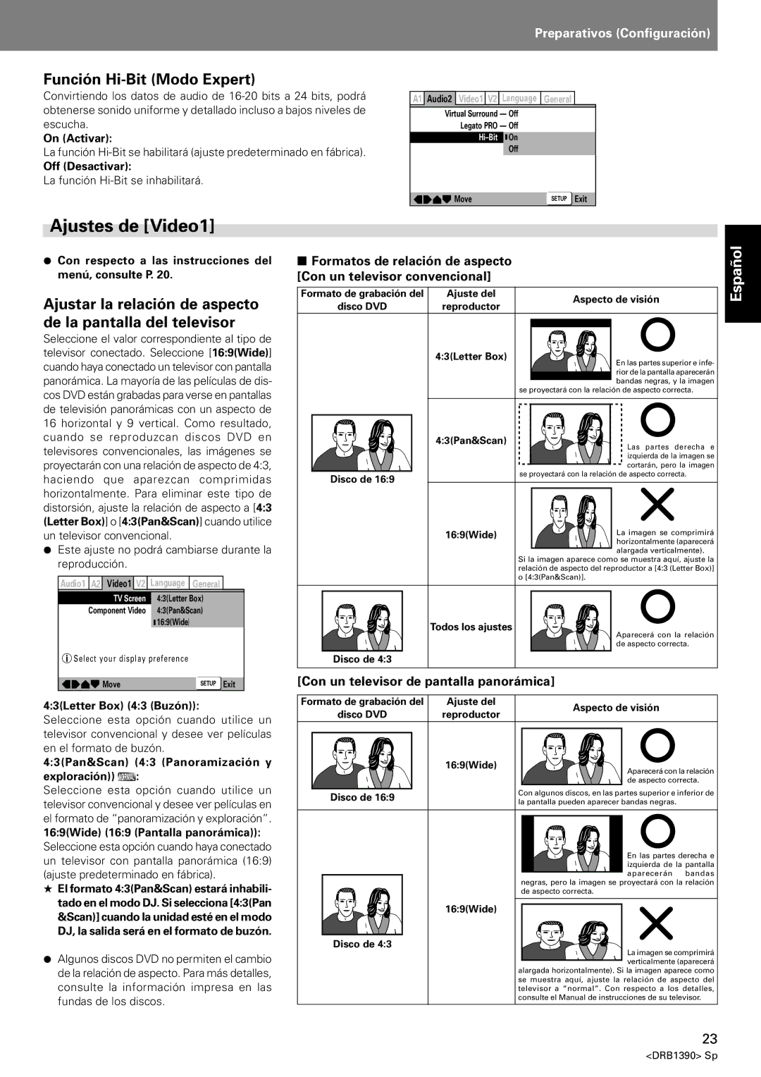 Pioneer DVJ-X1 Ajustes de Video1, Función Hi-Bit Modo Expert, Ajustar la relación de aspecto de la pantalla del televisor 