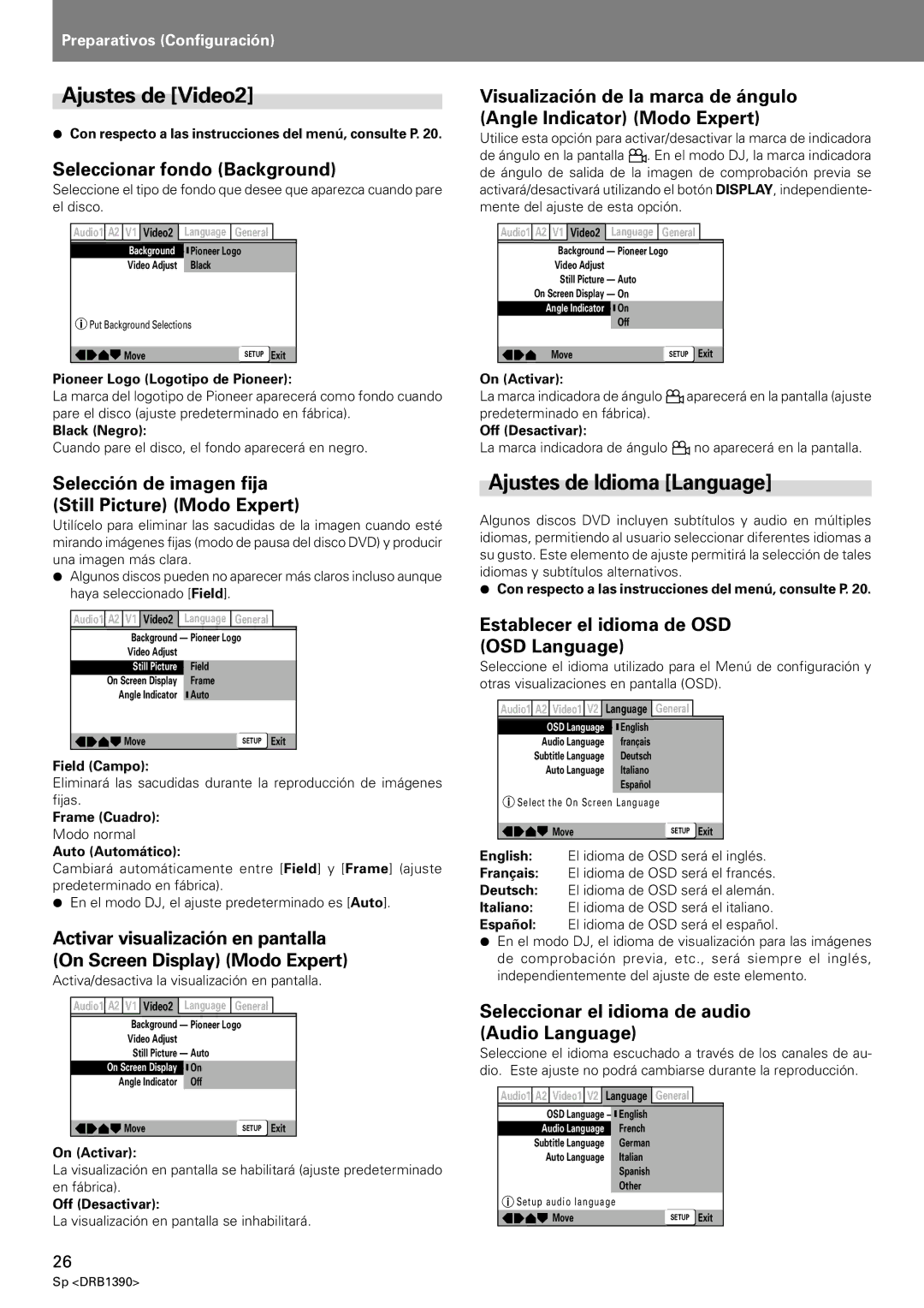 Pioneer DVJ-X1 operating instructions Ajustes de Video2, Ajustes de Idioma Language 