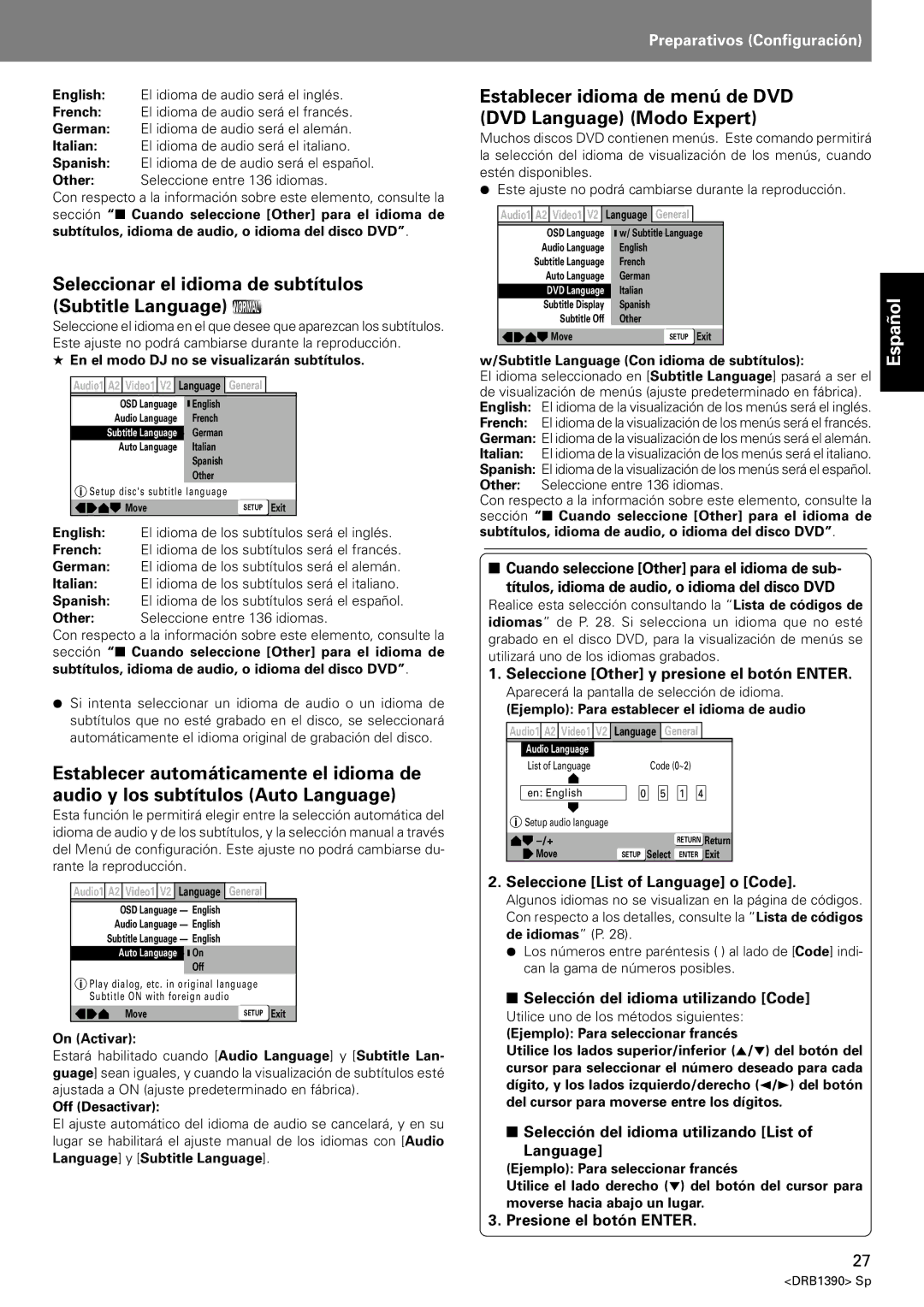 Pioneer DVJ-X1 operating instructions Seleccionar el idioma de subtítulos Subtitle Language 