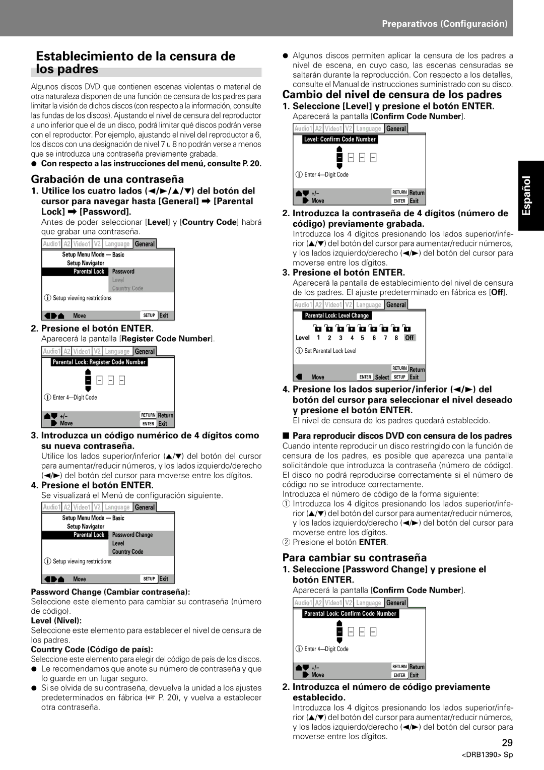 Pioneer DVJ-X1 Establecimiento de la censura de los padres, Grabación de una contraseña, Para cambiar su contraseña 