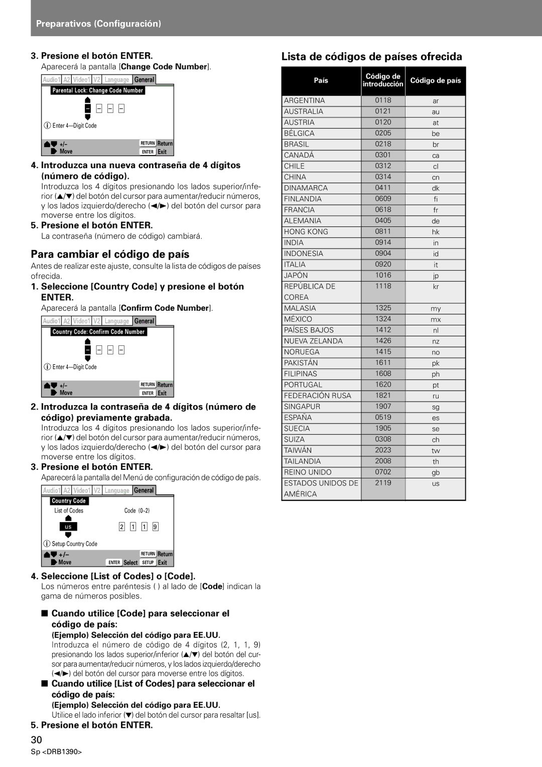 Pioneer DVJ-X1 Para cambiar el código de país, Lista de códigos de países ofrecida, Seleccione List of Codes o Code 