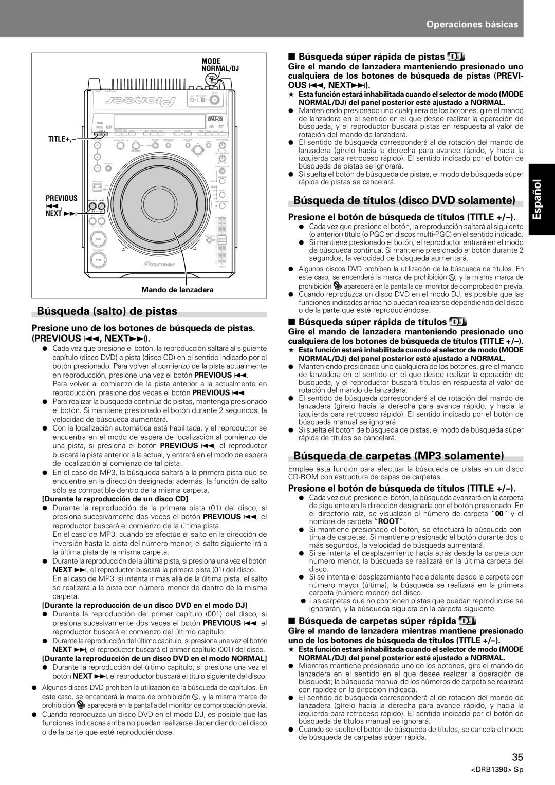 Pioneer DVJ-X1 Búsqueda salto de pistas, Búsqueda de títulos disco DVD solamente, Búsqueda de carpetas MP3 solamente 