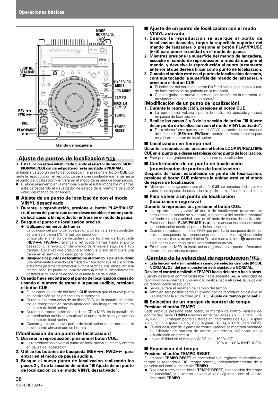 Pioneer DVJ-X1 operating instructions Ajuste de puntos de localización, Cambio de la velocidad de reproducción 