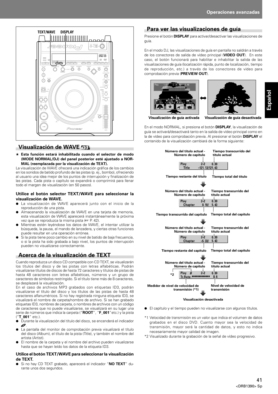 Pioneer DVJ-X1 Visualización de Wave, Acerca de la visualización de Text, Para ver las visualizaciones de guía 