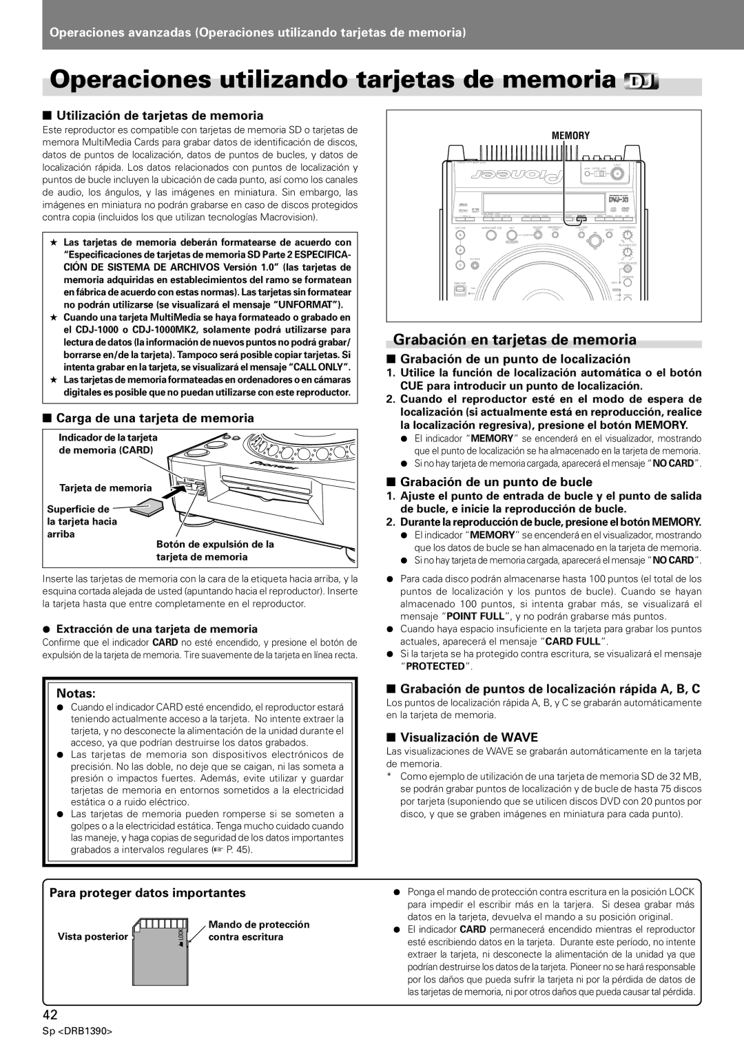 Pioneer DVJ-X1 operating instructions Operaciones utilizando tarjetas de memoria, Grabación en tarjetas de memoria 