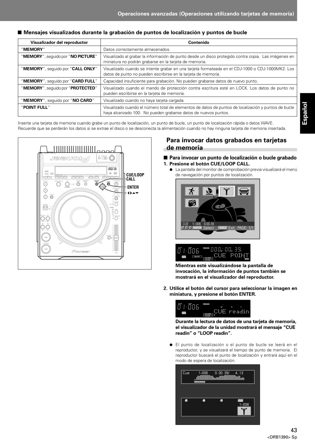 Pioneer DVJ-X1 Para invocar datos grabados en tarjetas de memoria, Para invocar un punto de localización o bucle grabado 