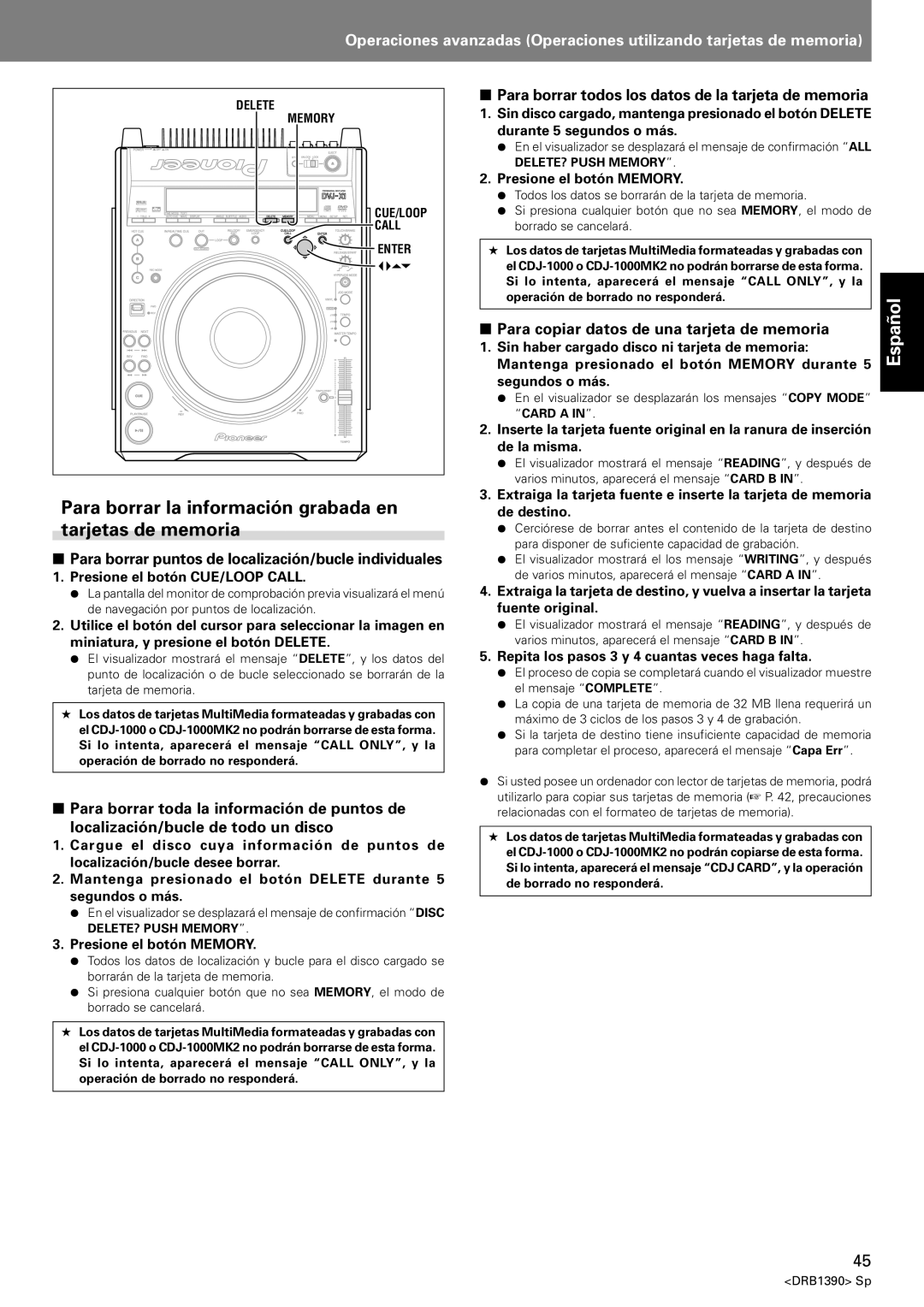 Pioneer DVJ-X1 Para borrar la información grabada en tarjetas de memoria, Para copiar datos de una tarjeta de memoria 