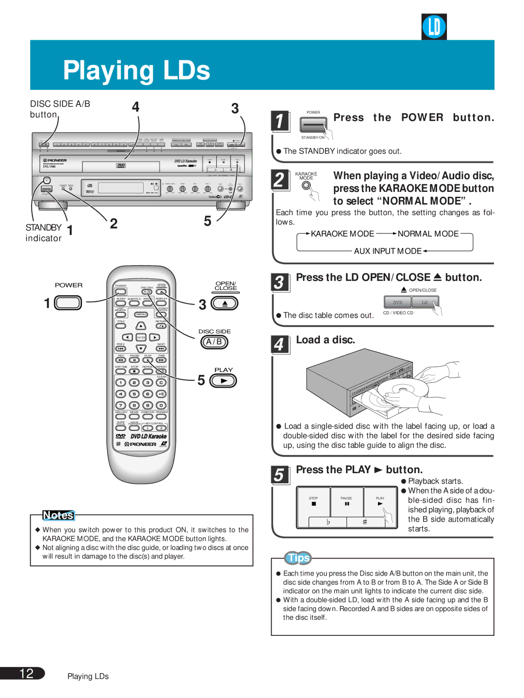 Pioneer DVL-V888 operating instructions Playing LDs, Tips 