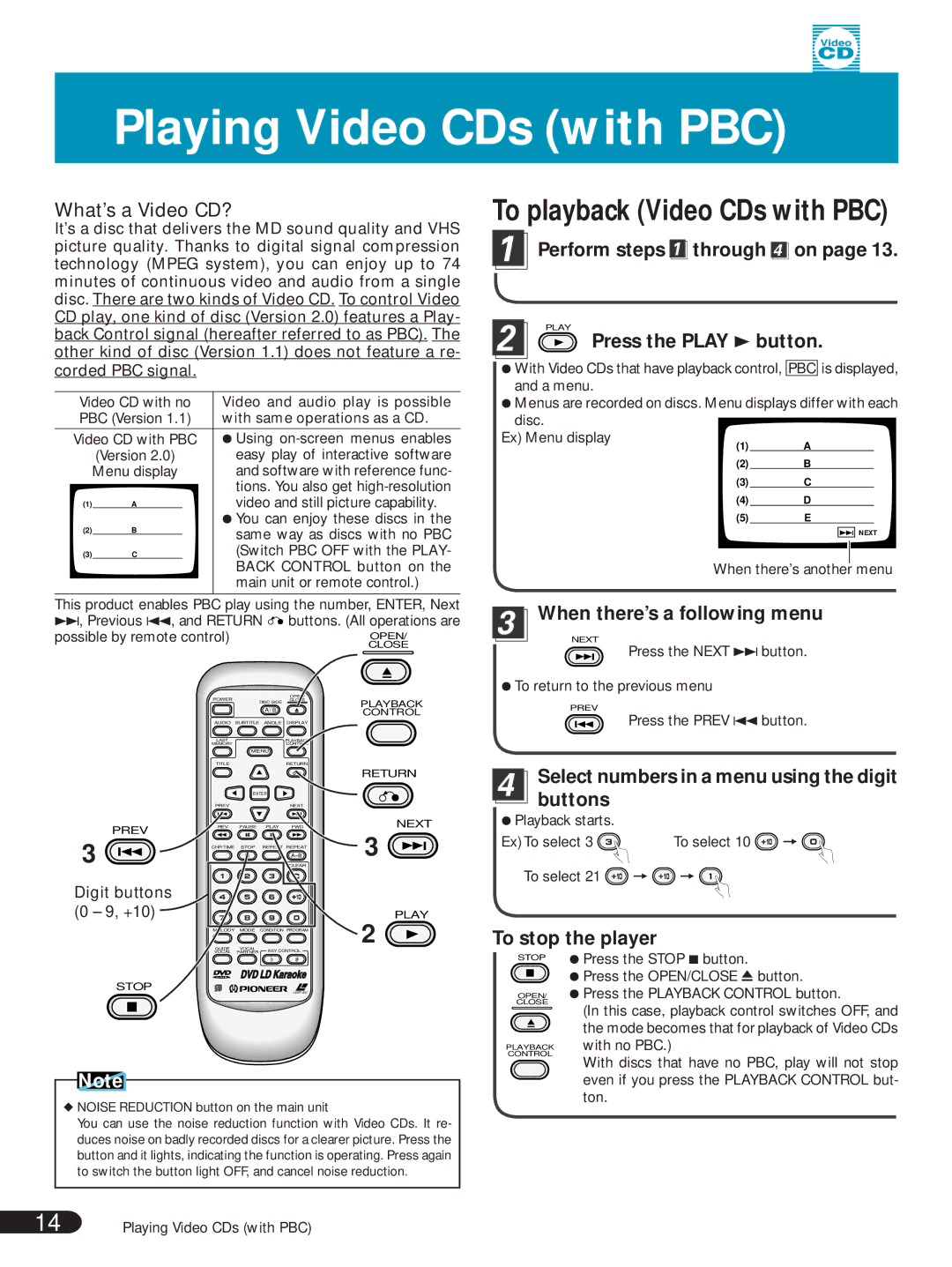 Pioneer DVL-V888 Playing Video CDs with PBC, Perform steps through 4 on, When there’s a following menu, Buttons 