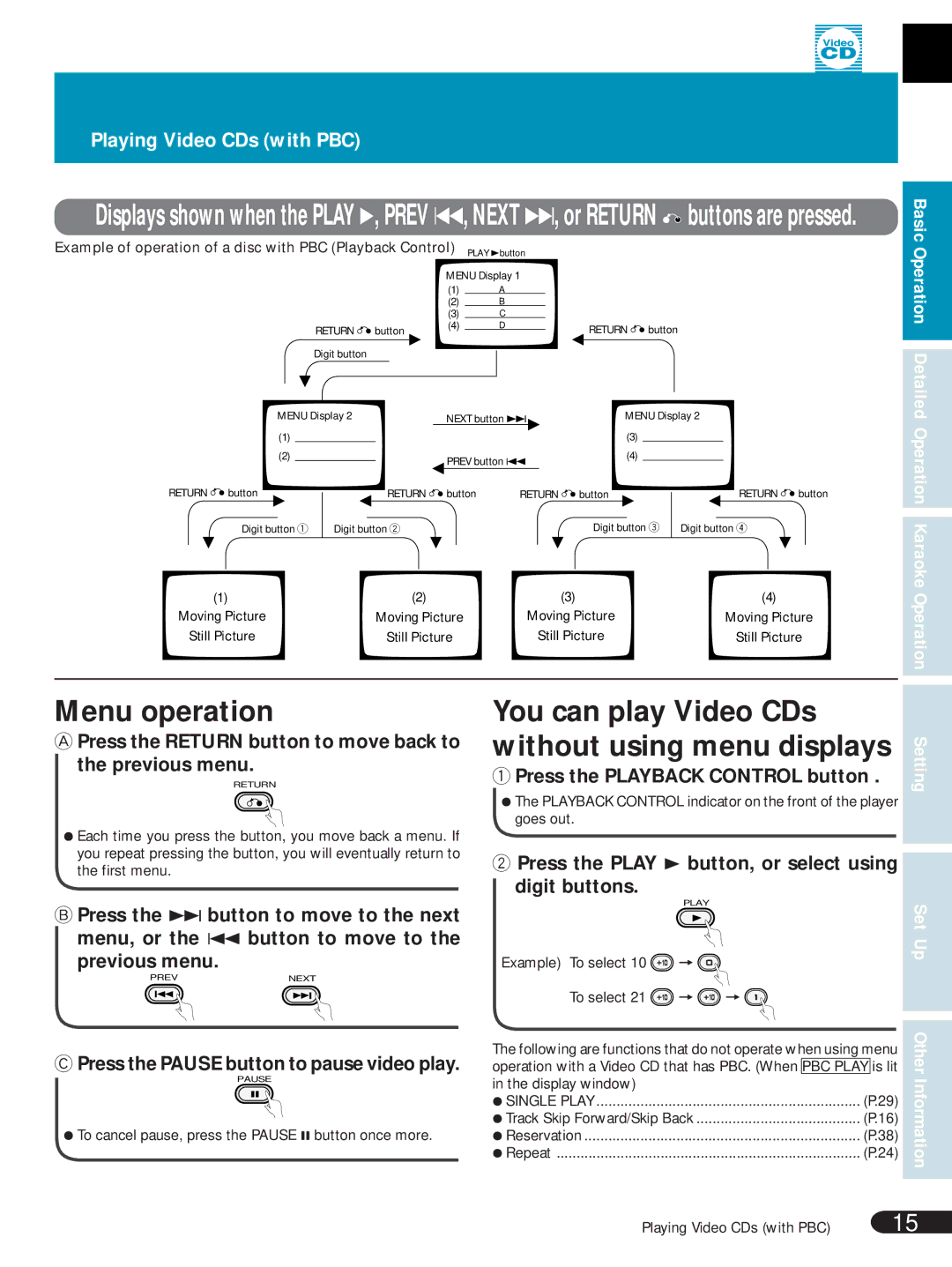 Pioneer DVL-V888 Menu operation, You can play Video CDs Without using menu displays, Playing Video CDs with PBC 