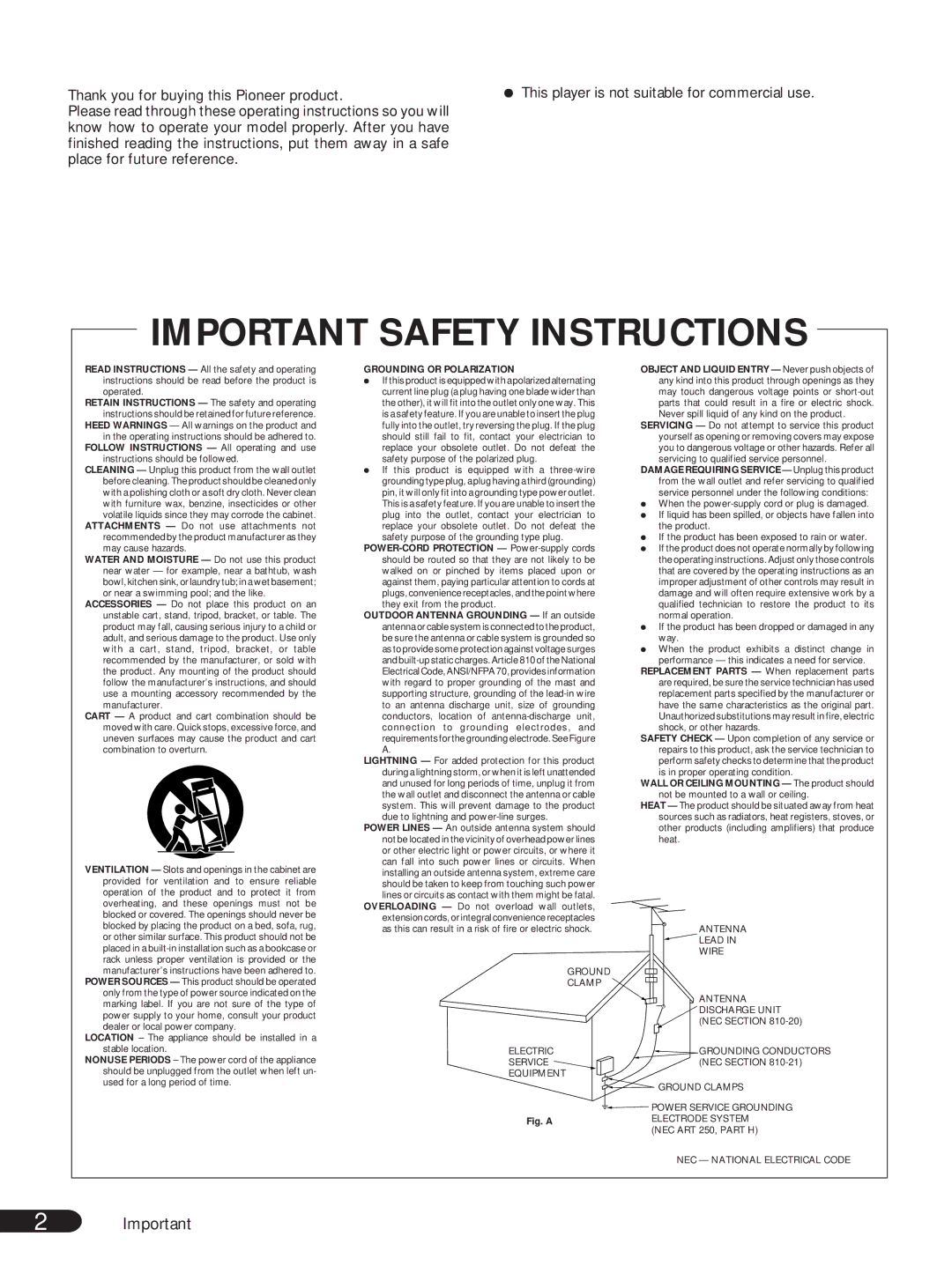 Pioneer DVL-V888 operating instructions Important Safety Instructions 