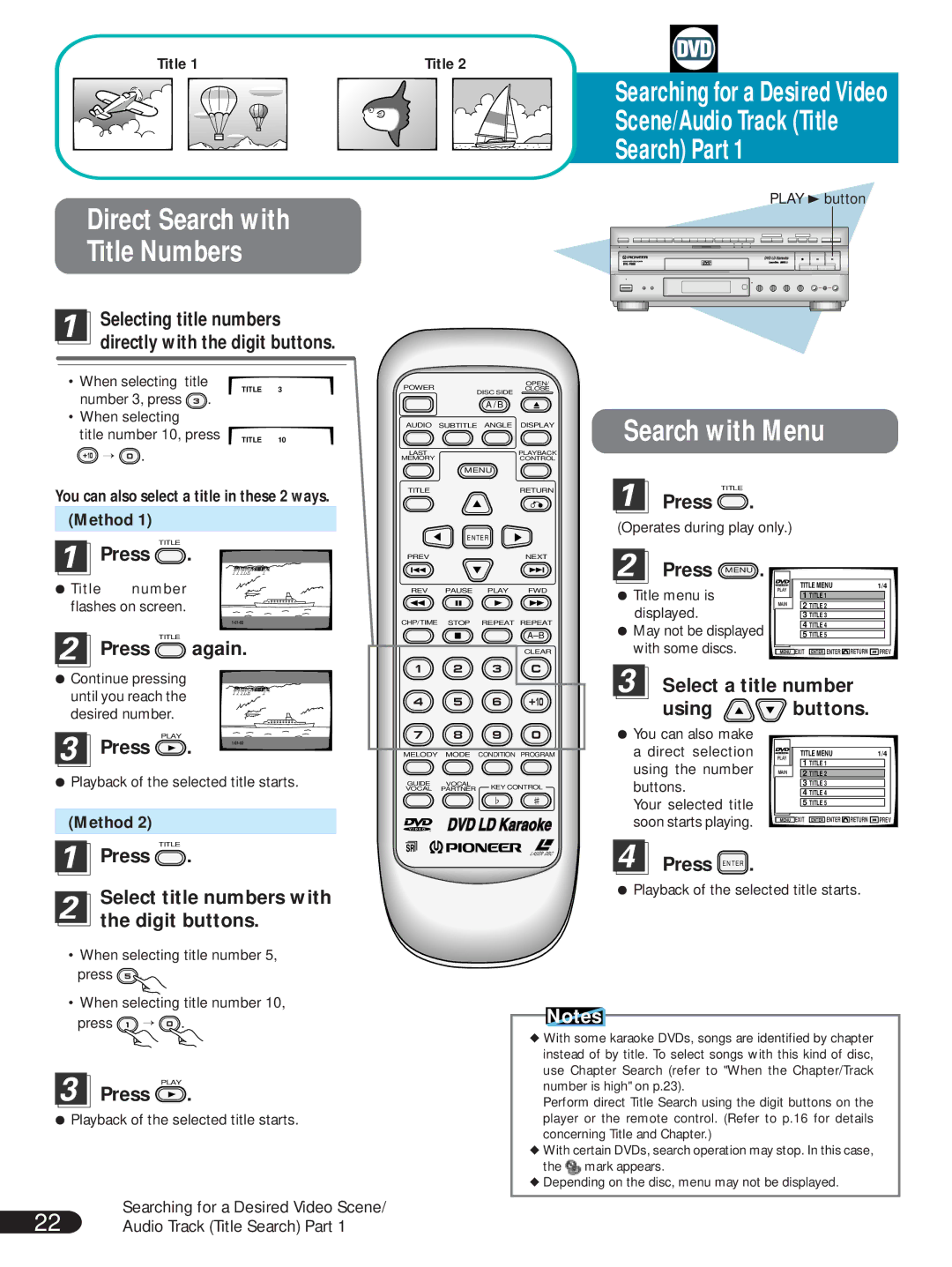 Pioneer DVL-V888 operating instructions Direct Search with Title Numbers, Search with Menu 