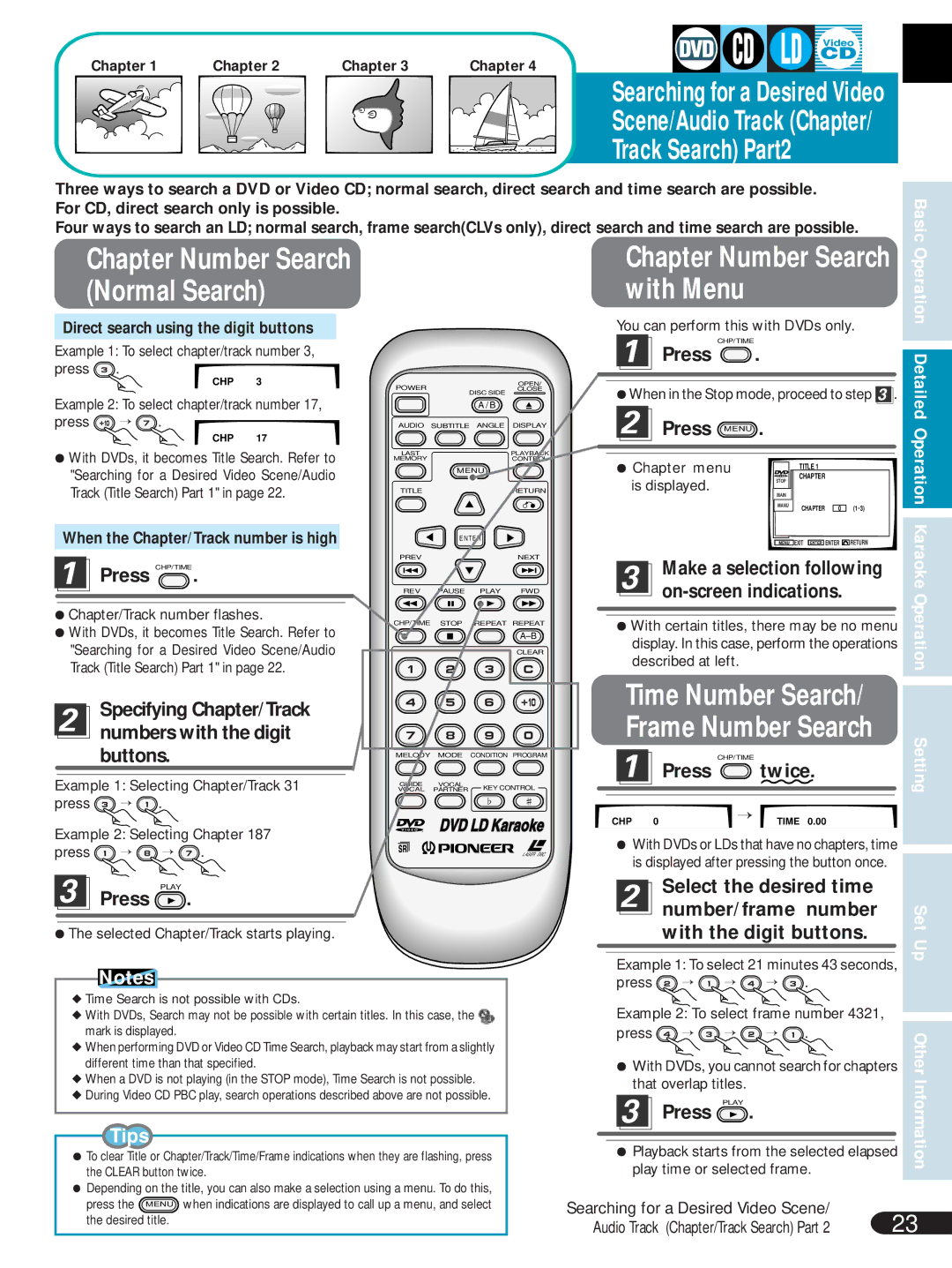 Pioneer DVL-V888 Chapter Number Search, Normal Search With Menu, Time Number Search Frame Number Search 