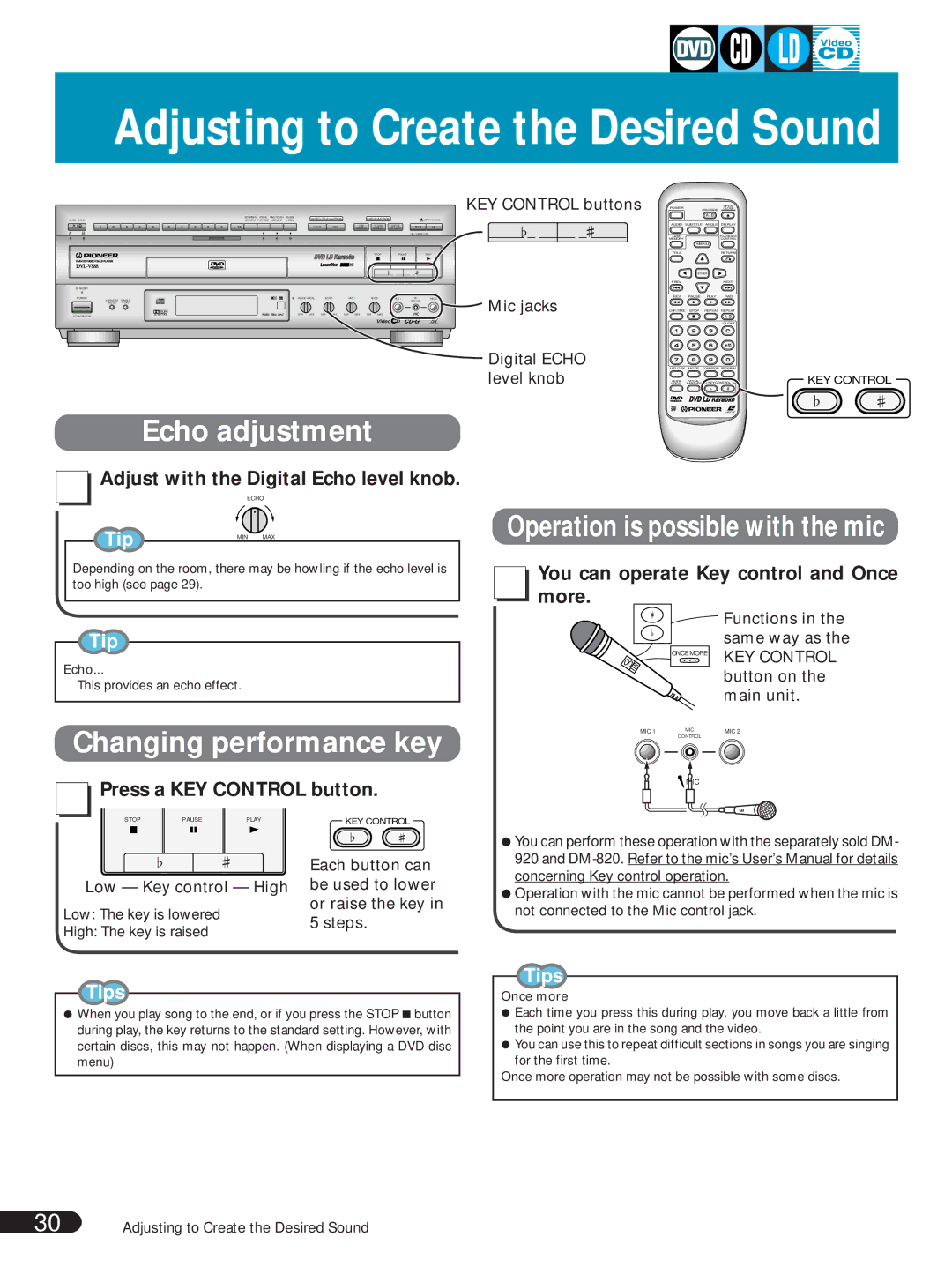 Pioneer DVL-V888 operating instructions Echo adjustment, Changing performance key, Adjust with the Digital Echo level knob 