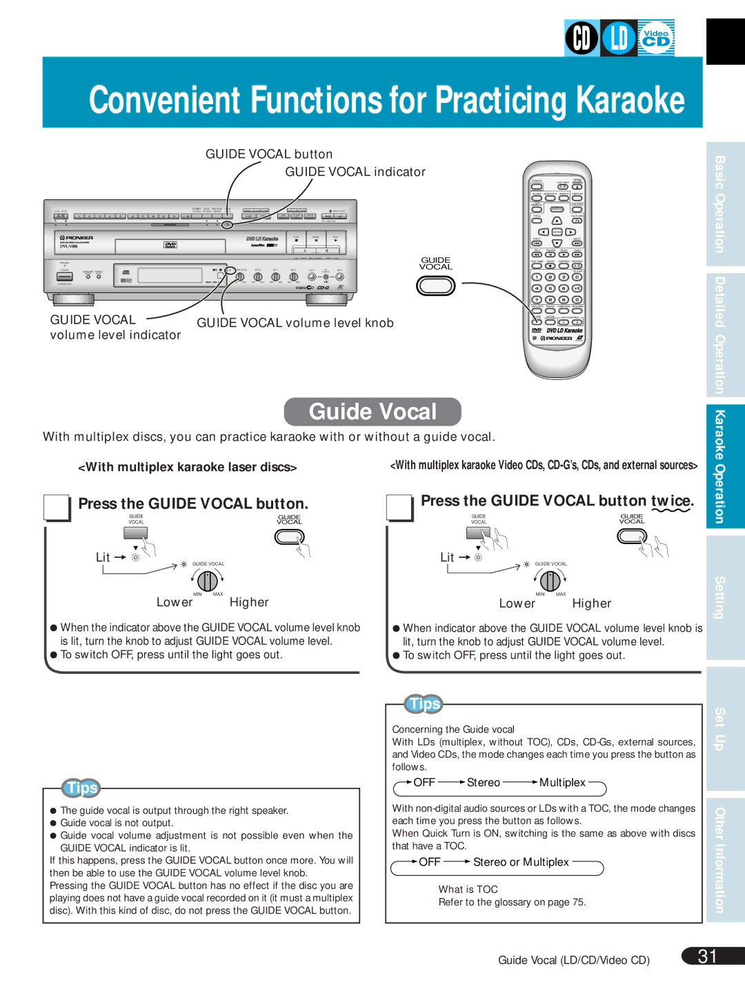 Pioneer DVL-V888 operating instructions Guide Vocal, Operation Detailed Operation, Karaoke Operation Setting Tips 