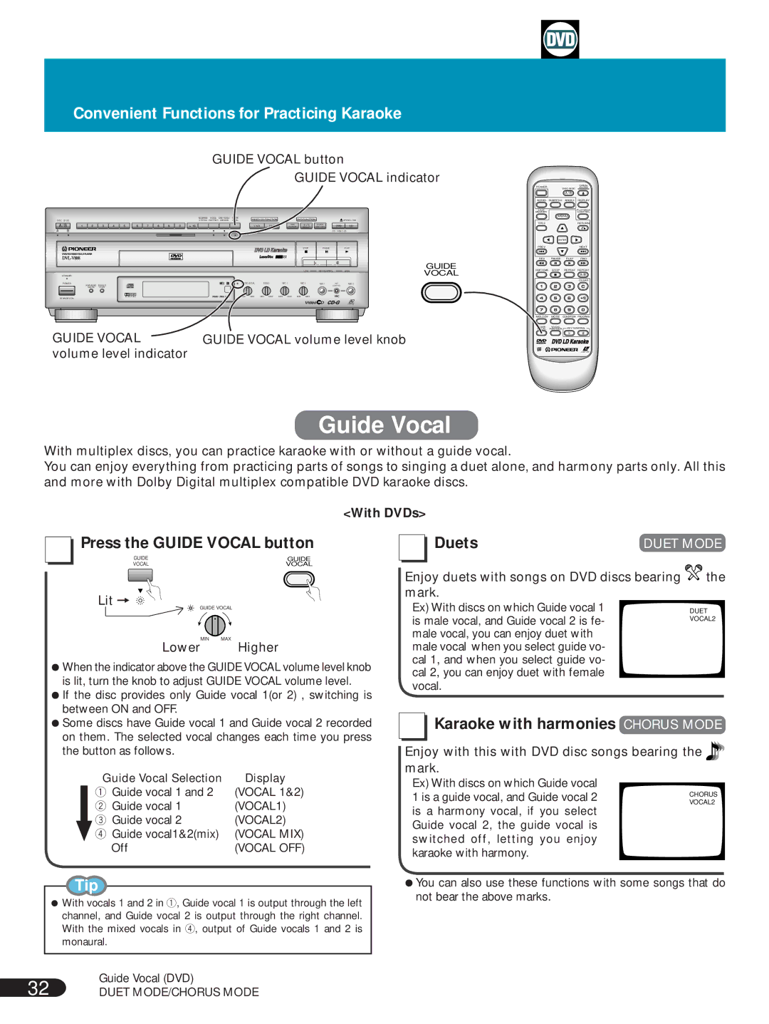 Pioneer DVL-V888 operating instructions Convenient Functions for Practicing Karaoke, Press the Guide Vocal button, Duets 