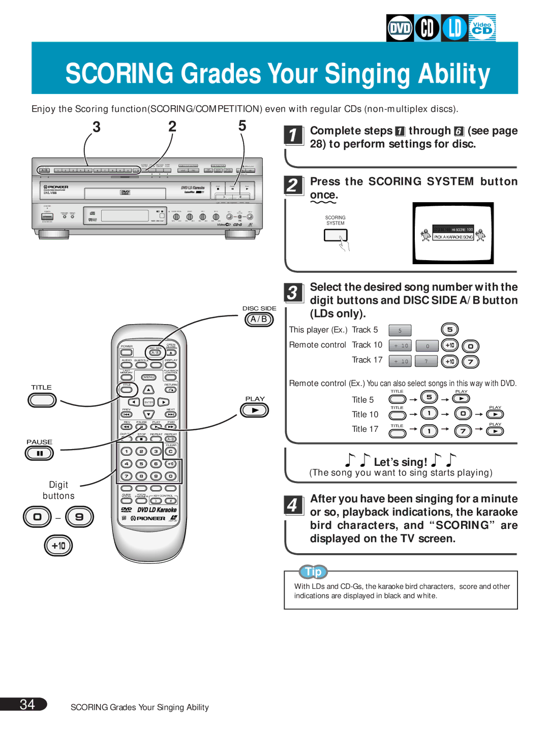 Pioneer DVL-V888 Digit buttons and Disc Side A/B button, LDs only, After you have been singing for a minute, Digit Buttons 