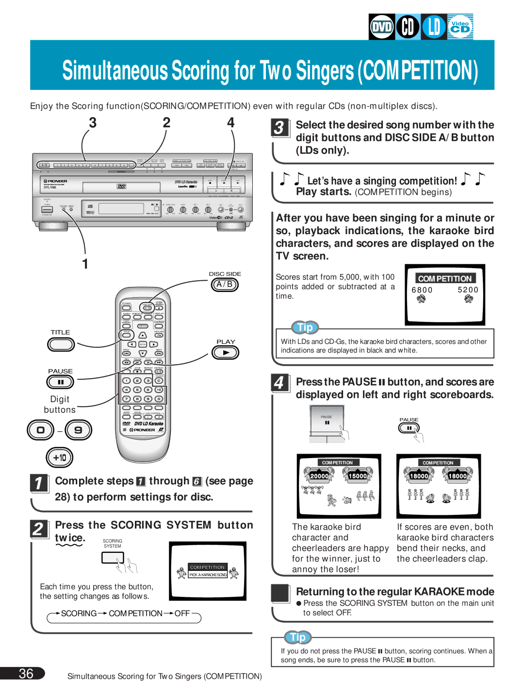 Pioneer DVL-V888 operating instructions Let’s have a singing competition, Press the Scoring System button twice 