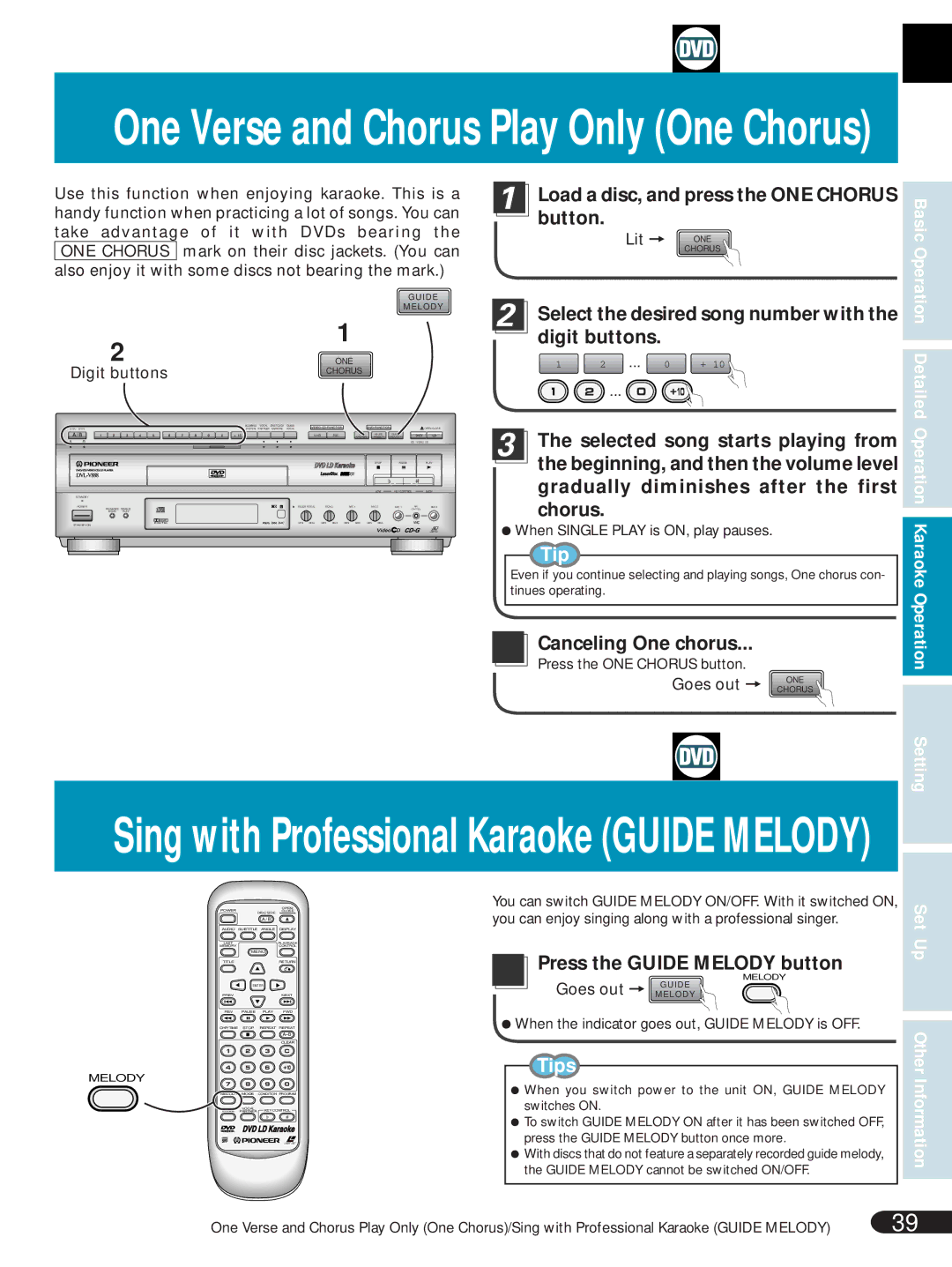 Pioneer DVL-V888 Load a disc, and press the ONE Chorus button, Canceling One chorus, Press the Guide Melody button 