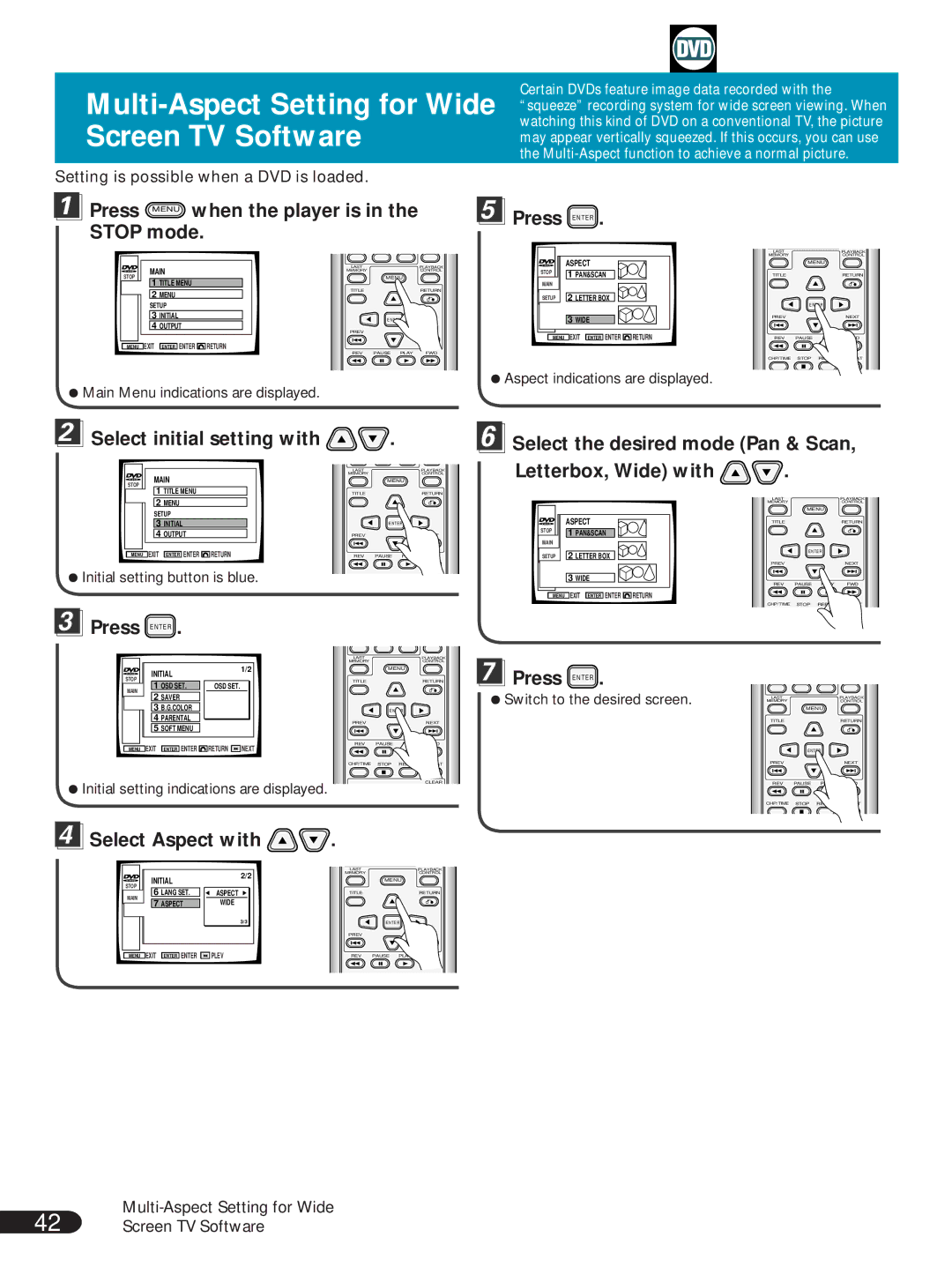 Pioneer DVL-V888 Multi-Aspect Setting for Wide, Screen TV Software, Press Menu when the player is Stop mode, Press E Nter 