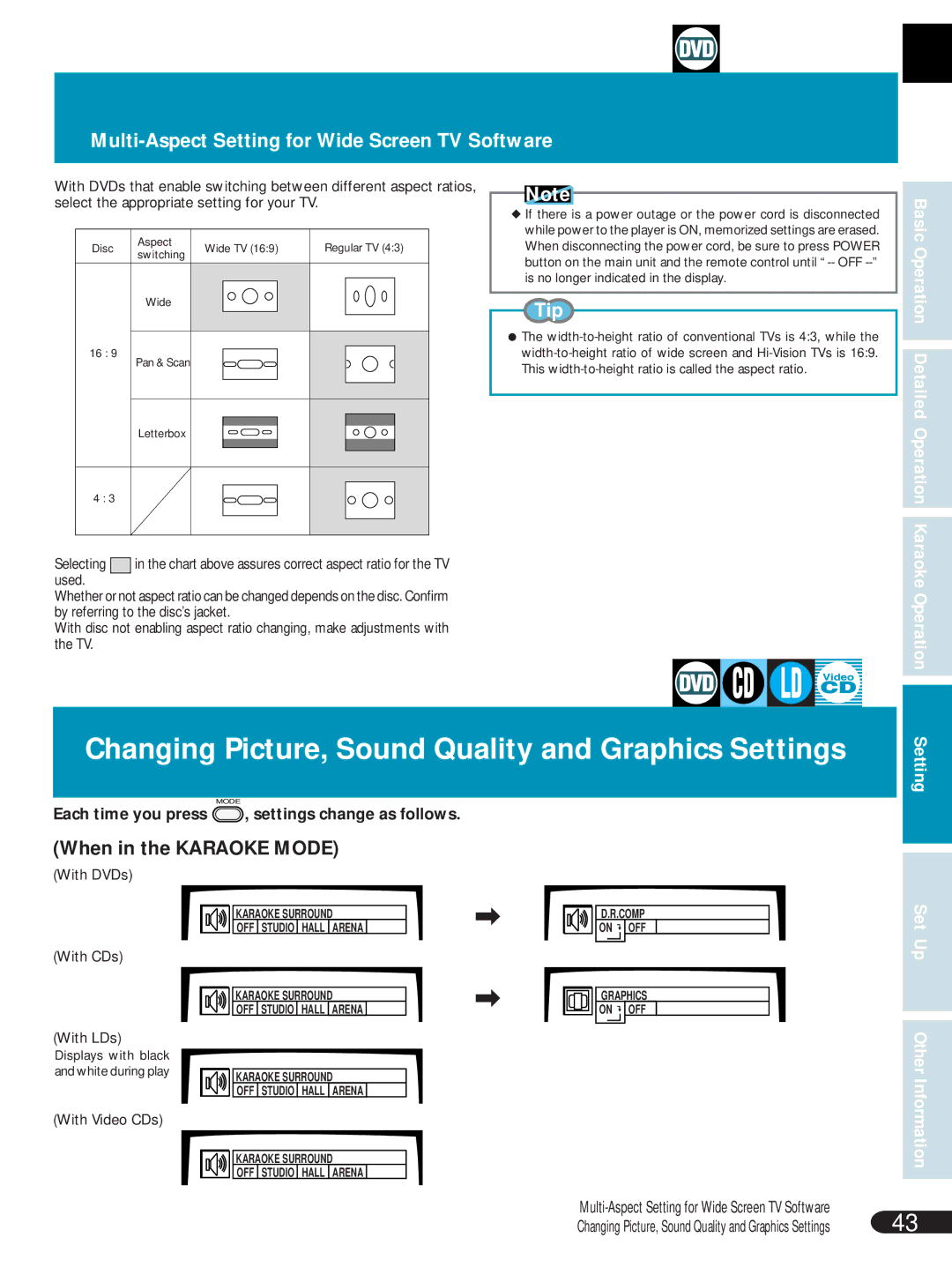 Pioneer DVL-V888 Changing Picture, Sound Quality and Graphics Settings, Multi-Aspect Setting for Wide Screen TV Software 