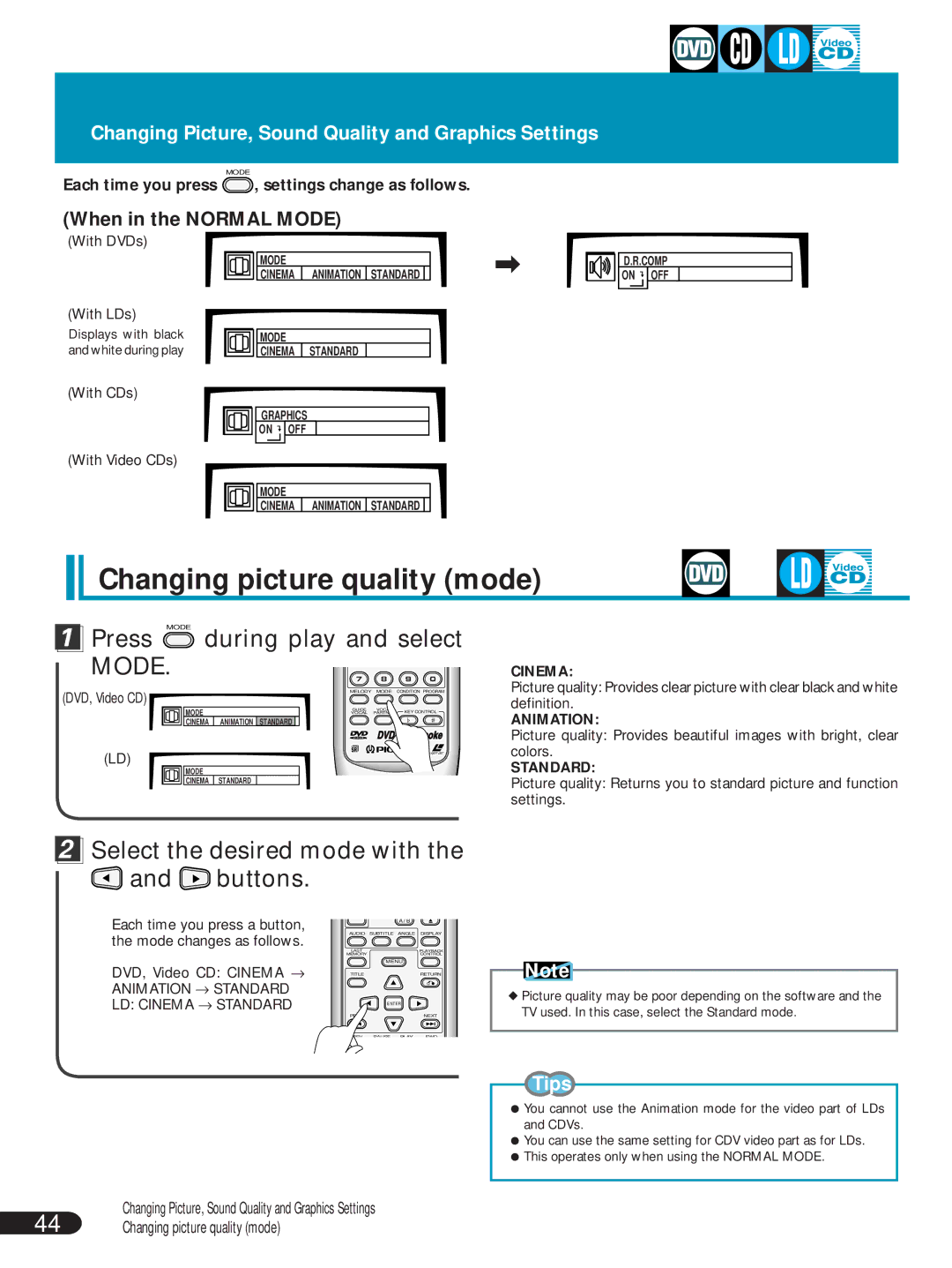 Pioneer DVL-V888 Changing picture quality mode, Changing Picture, Sound Quality and Graphics Settings 