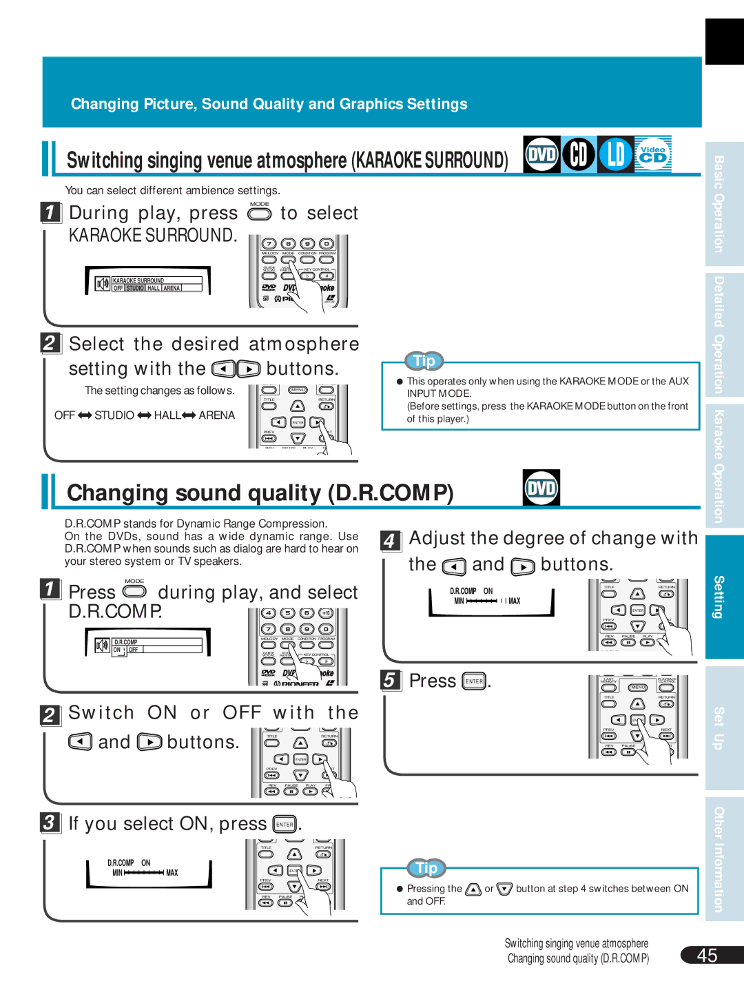 Pioneer DVL-V888 operating instructions Changing sound quality D.R.COMP, Basic, Operation Karaoke 