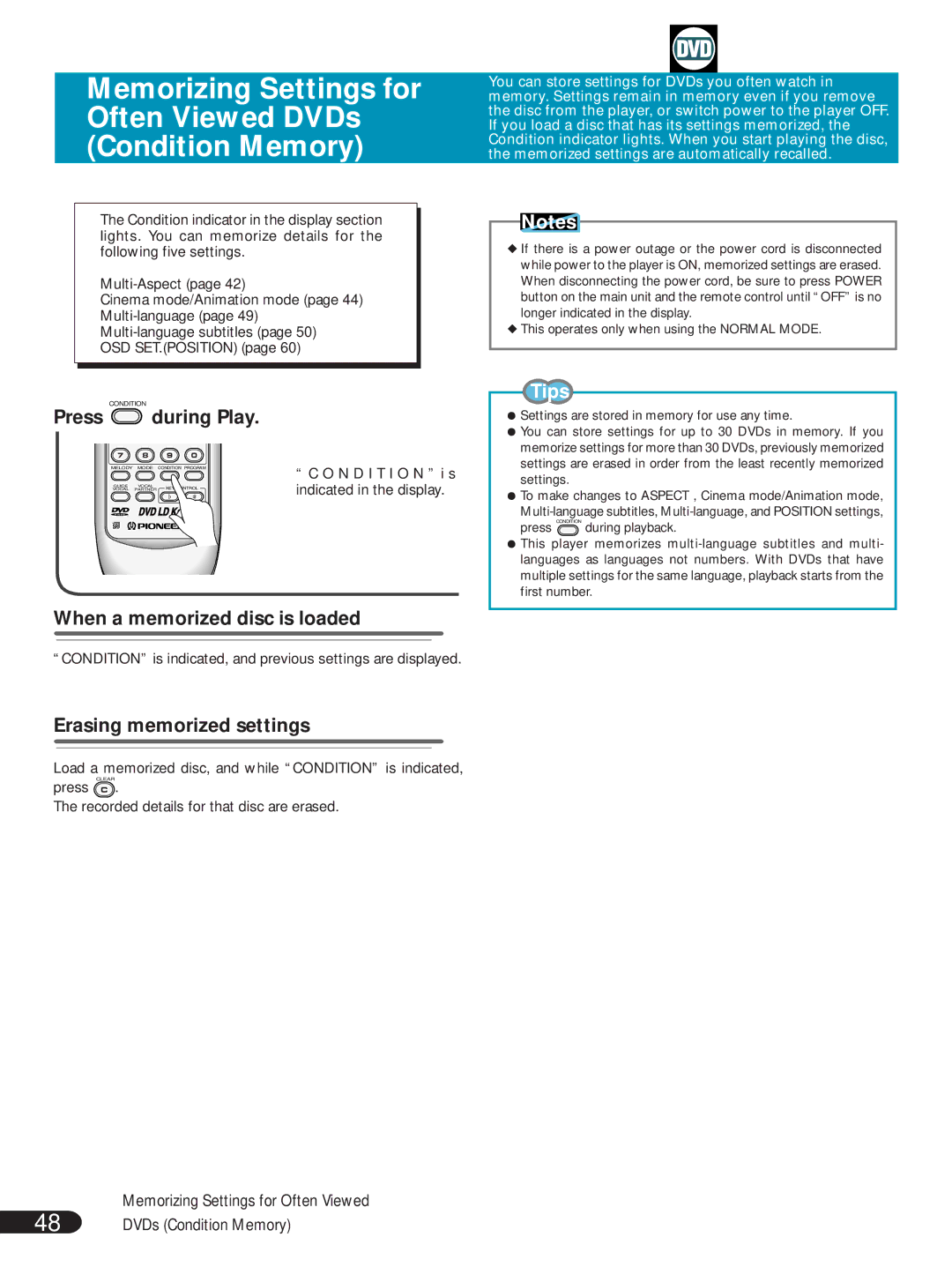 Pioneer DVL-V888 Memorizing Settings for Often Viewed DVDs Condition Memory, Press during Play, Erasing memorized settings 