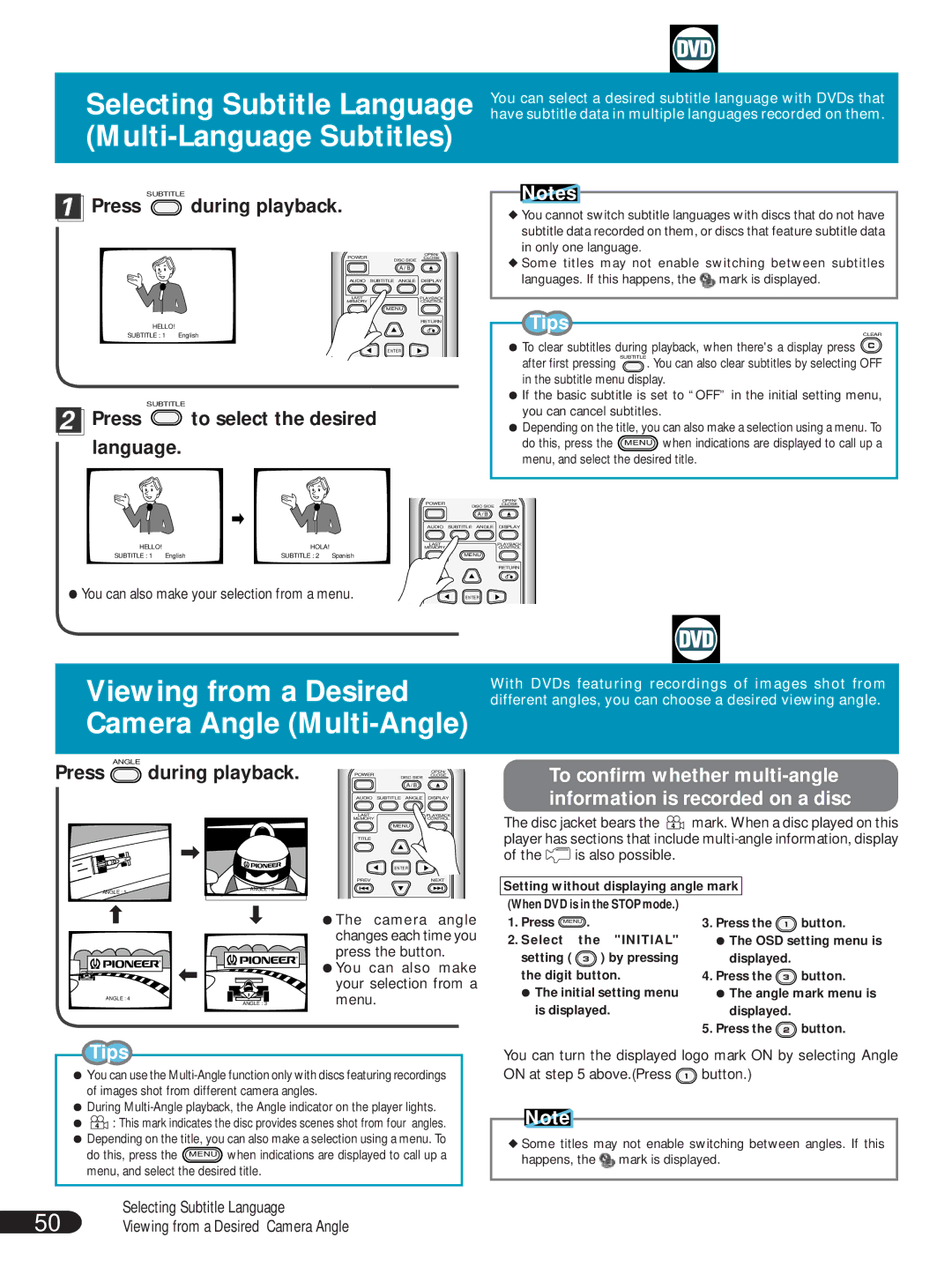 Pioneer DVL-V888 Selecting Subtitle Language Multi-Language Subtitles, Viewing from a Desired Camera Angle Multi-Angle 