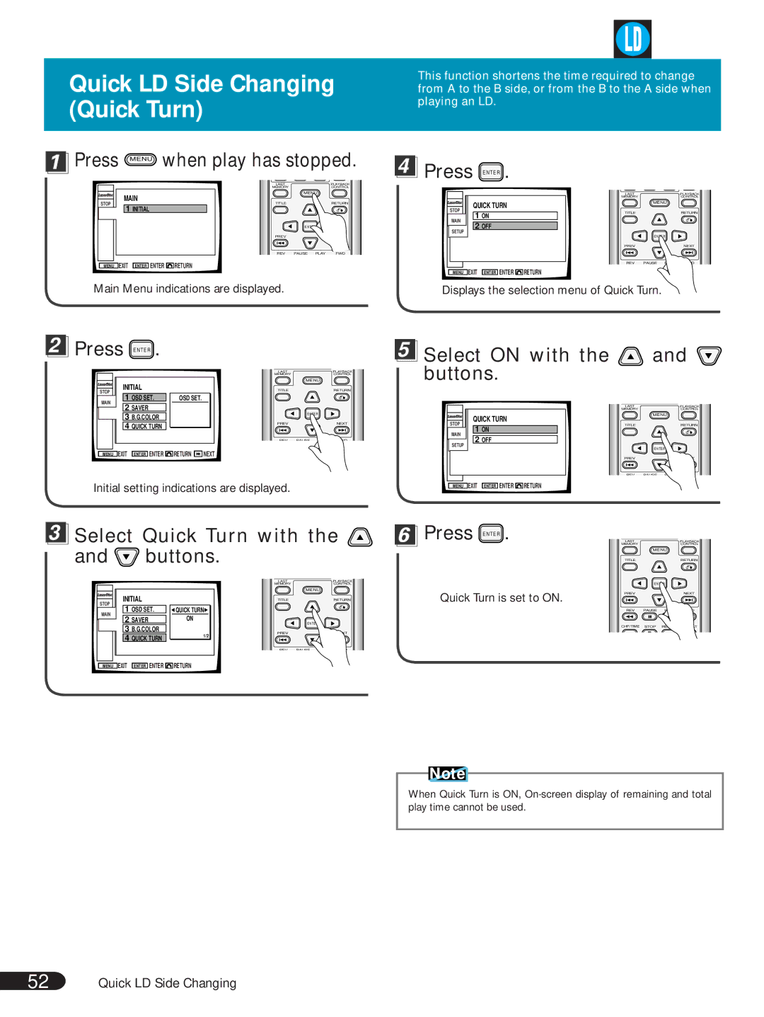 Pioneer DVL-V888 Quick LD Side Changing Quick Turn, Displays the selection menu of Quick Turn, Quick Turn is set to on 